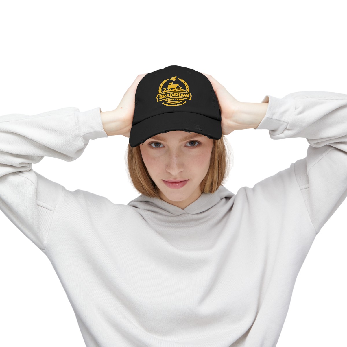 Bradshaw family farms logo on hat