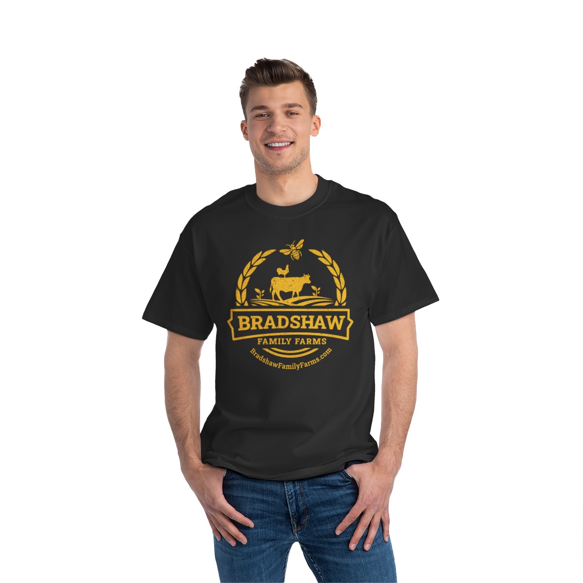 Bradshaw family farms logo on t-shirt