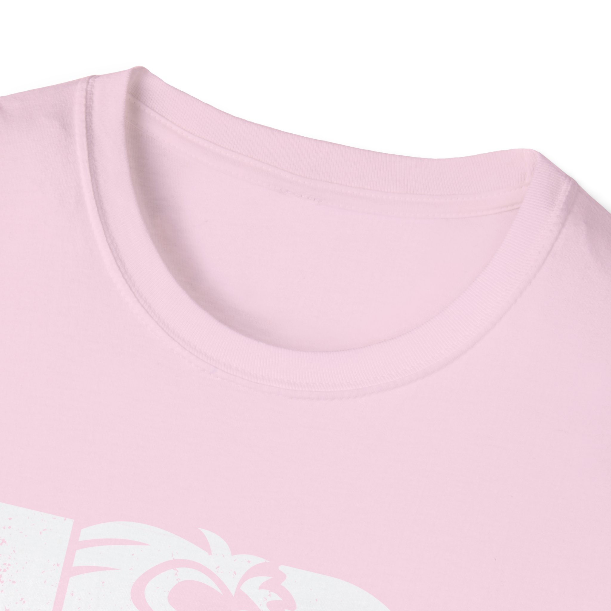 Close-up of the neckline and upper chest of the Casual Graphic Tee in light pink, featuring a partial view of its white graphic design. Perfect for summer days, everyday wear, gifts for friends, birthdays, or as an inspirational quote shirt.