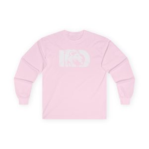 The Unisex Long Sleeve Tee in light pink features a subtle white chest graphic with the letters ID and an illustrated lions head at the center. The shirt is displayed laid flat on a white background.