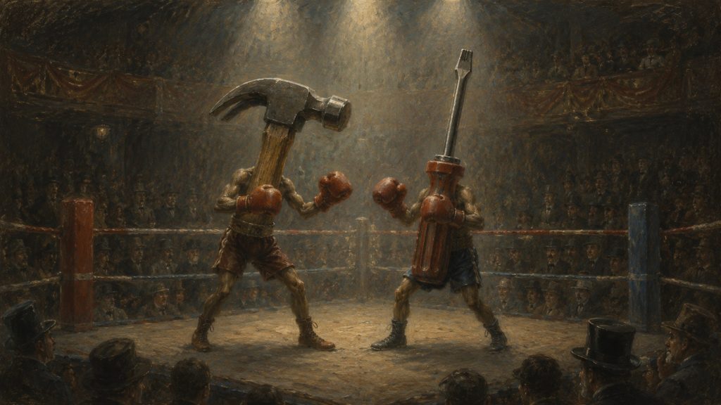 Two human bodies with boxing gloves fight in a ring, but their heads are a hammer and a screwdriver. The crowd watches under dramatic lighting, creating a surreal, humorous scene.