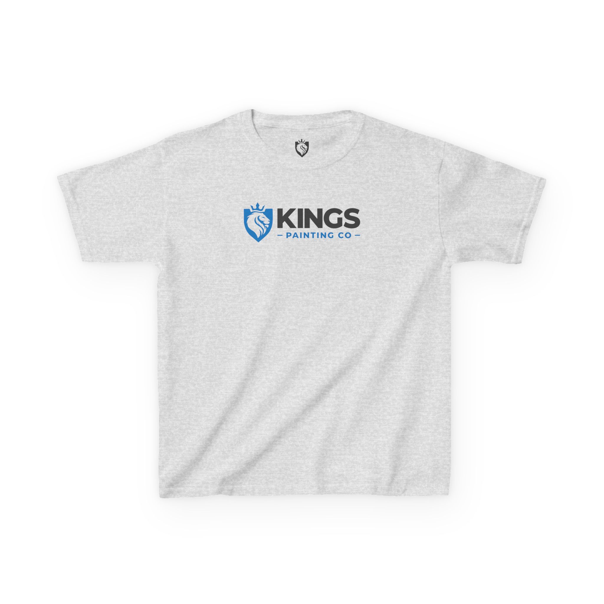 The Kings Painting Co. Kids T-Shirt (Ultra Cotton Gildan) is a light gray shirt featuring a blue and black KINGS Painting Co. logo with a crown-topped paintbrush inside a shield on the front center.