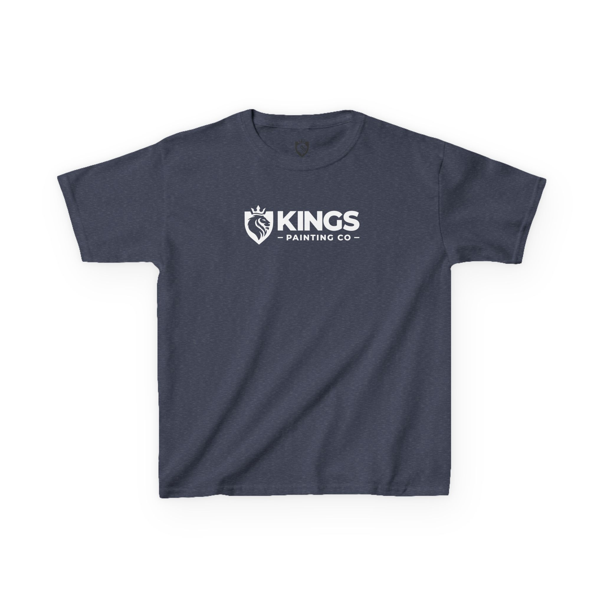 A navy blue Kings Painting Co. Kids T-Shirt (White Graphics) by Gildan®, featuring a crowned paintbrush logo and bold white lettering on the front.