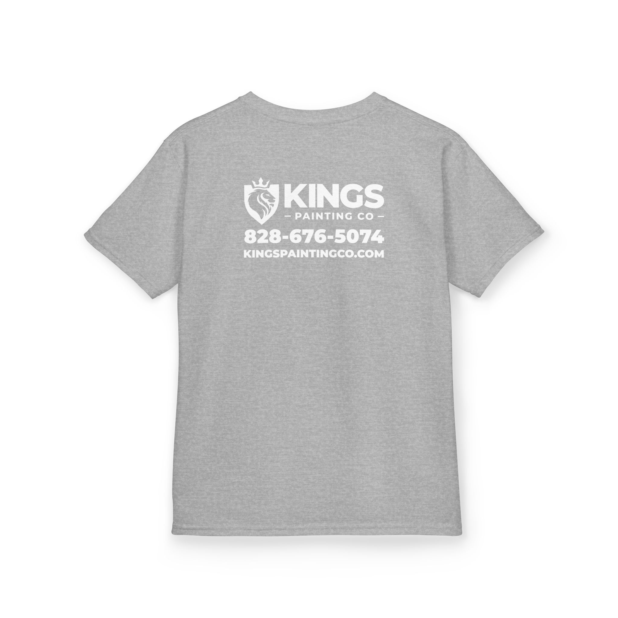 Kings Painting Co. Kids T-Shirt (White Graphics) by Gildan®: Gray kids’ tee featuring “Kings Painting Co,” a lion logo, phone number “828-676-5074,” and website “kingspaintingco.com” in white print on the back.