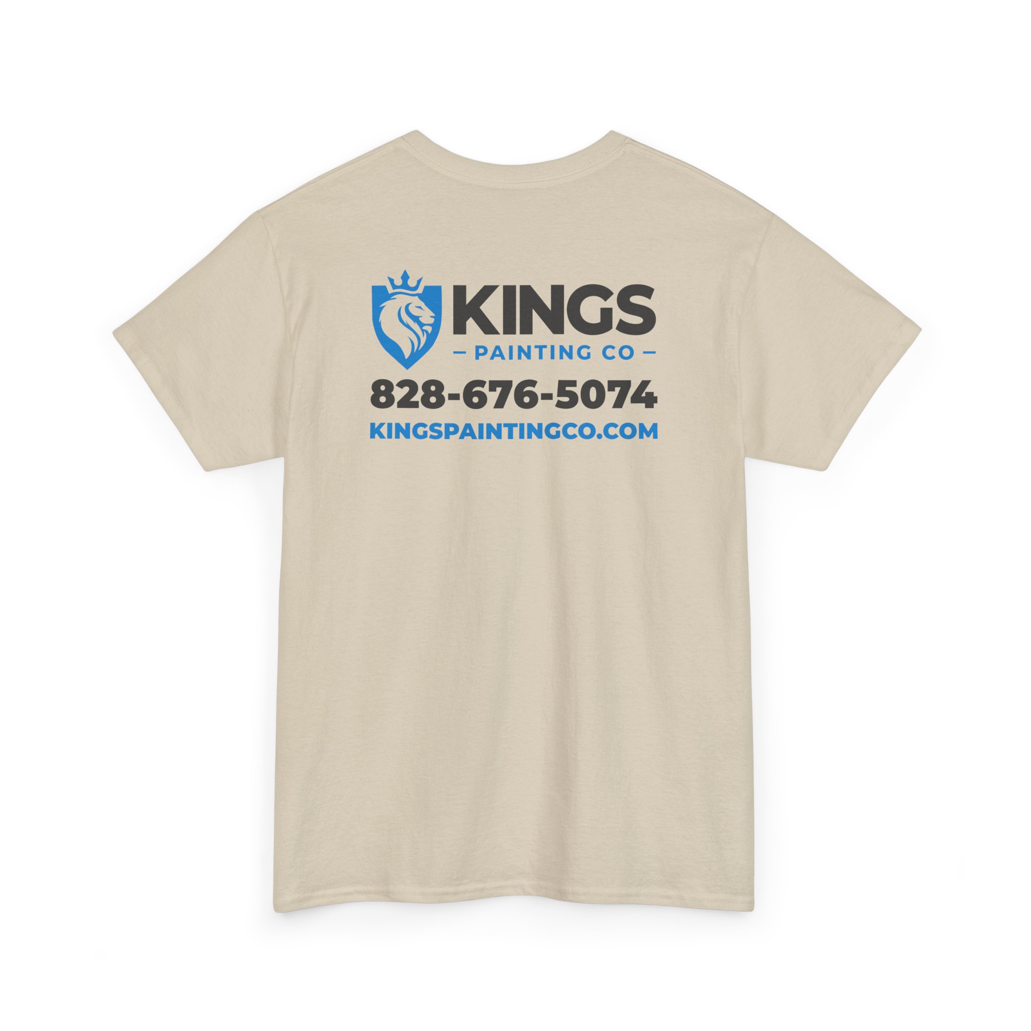Kings Painting Co. Logo T‑Shirt (Pocket Logo & Back Graphic) | Gildan Ultra Cotton (G5000) in beige, featuring the Kings Painting Co logo with a blue lion shield on the back along with the phone number 828-676-5074 and website kingspaintingco.com printed in blue and black text.