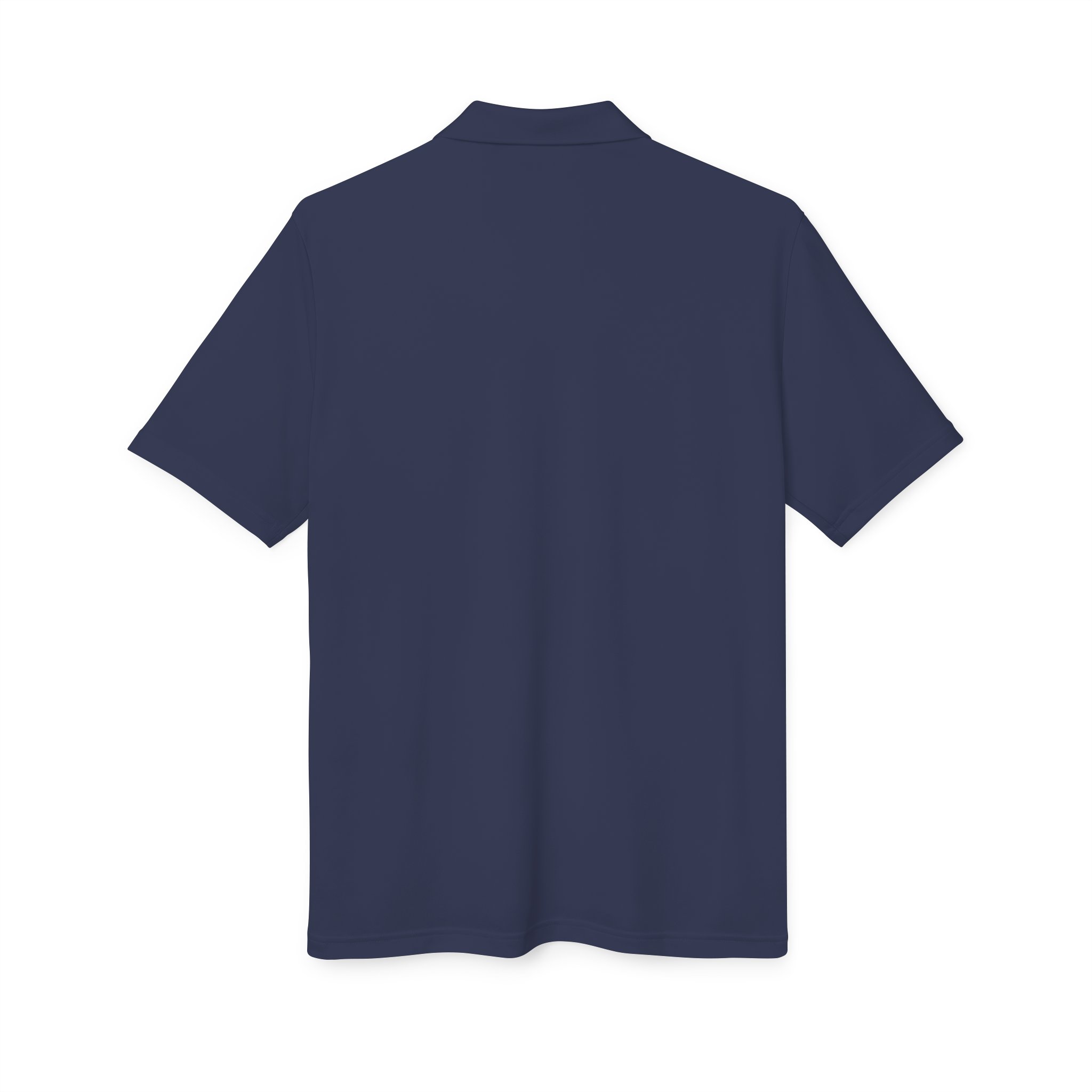 The Kings Painting Co. Performance Polo by Under Armour® is displayed from the back, featuring a plain, short-sleeve design in navy blue, laid flat against a white background.