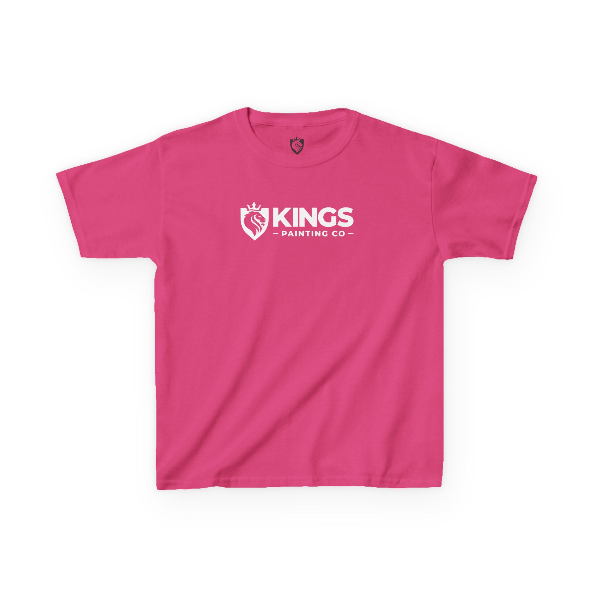 Kings Painting Co. Kids T-Shirt (White Graphics) | Gildan® in bright pink, featuring a bold white Kings Painting Co. logo and crown graphic on the chest, displayed flat on a white background.