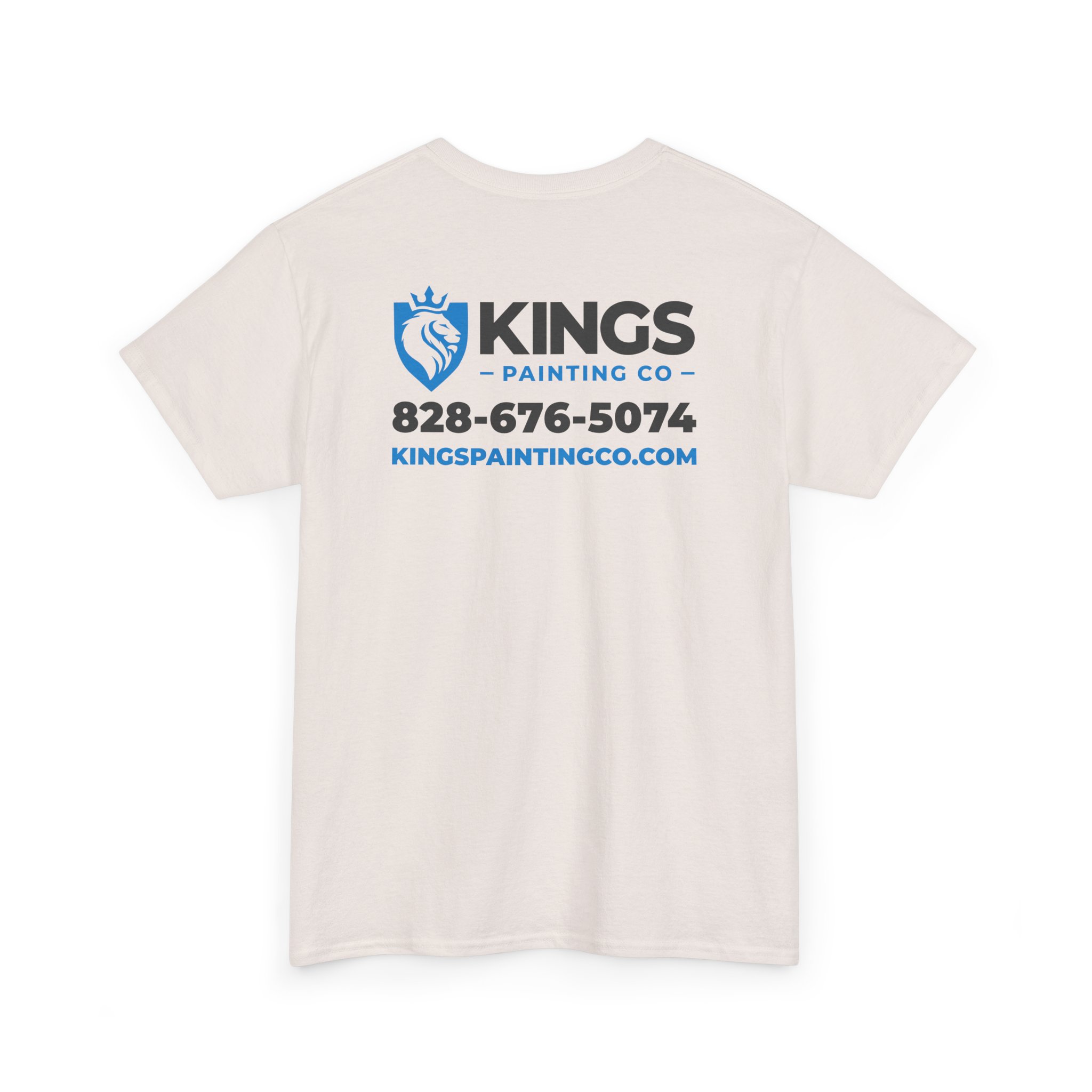 Kings Painting Co. Logo T‑Shirt (Pocket Logo & Back Graphic) | Gildan Ultra Cotton (G5000): White t-shirt featuring KINGS PAINTING CO, a blue lion logo, the phone number 828-676-5074, and the website kingspaintingco.com printed on the back in blue and black text.