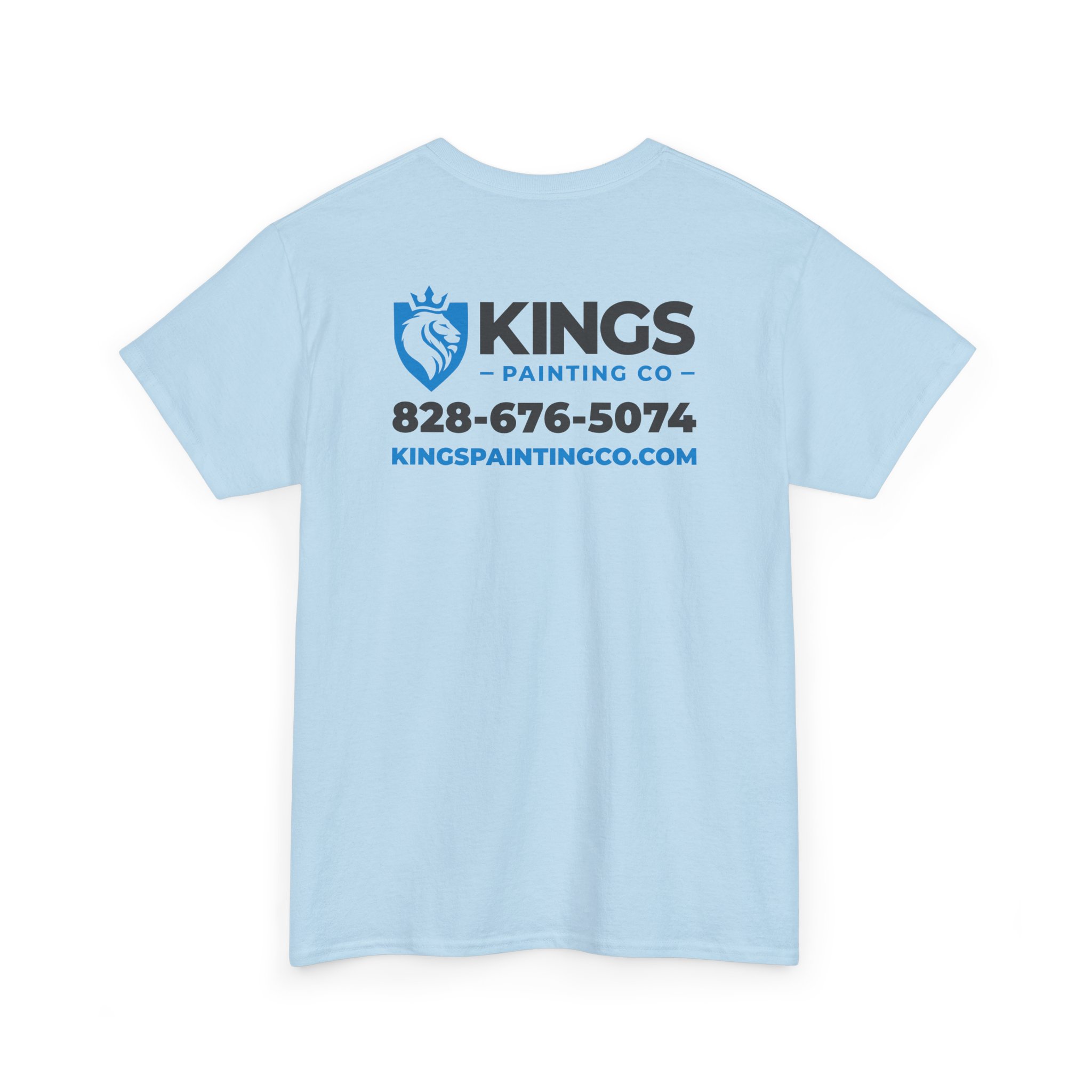 Kings Painting Co. Logo T‑Shirt (Pocket Logo & Back Graphic) | Gildan Ultra Cotton (G5000), featuring a light blue color with the KINGS PAINTING CO logo, a lion shield, phone number 828-676-5074, and website KINGSPAINTINGCO.COM printed in blue and black on the back.