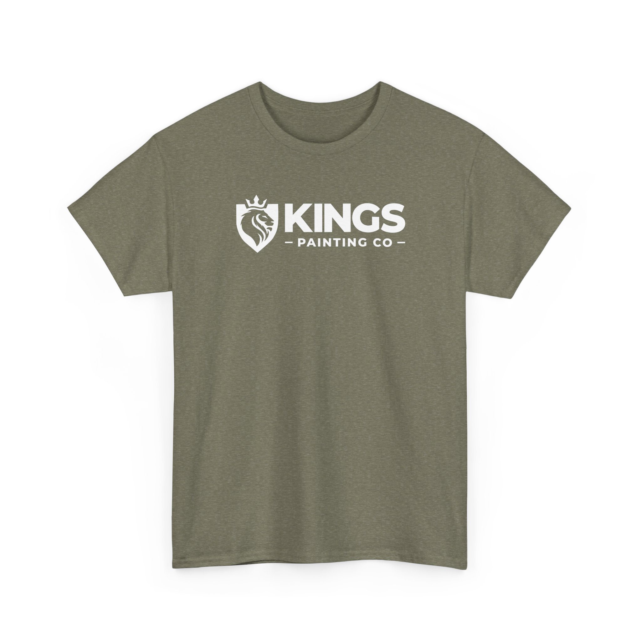 Heather t-shirt featuring a white lion and crown shield logo with the text “KINGS PAINTING CO” printed on the front. Product: Kings Painting Co. Logo T‑Shirt (Heather) | Gildan Ultra Cotton (G5000).