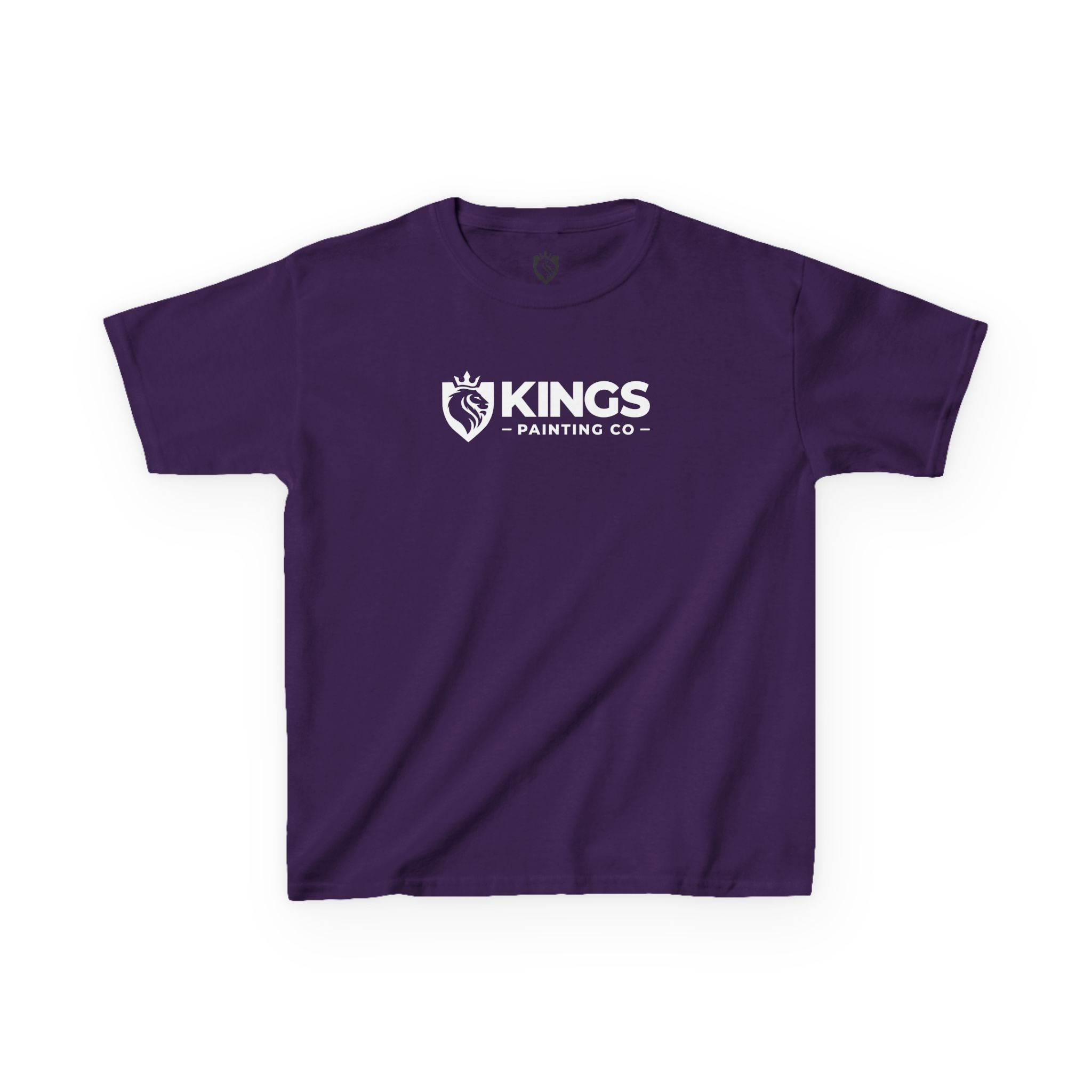 Kings Painting Co. Kids T-Shirt (White Graphics) by Gildan®, featuring a crowned lion’s head inside a shield and the Kings Painting Co logo in white on the front.