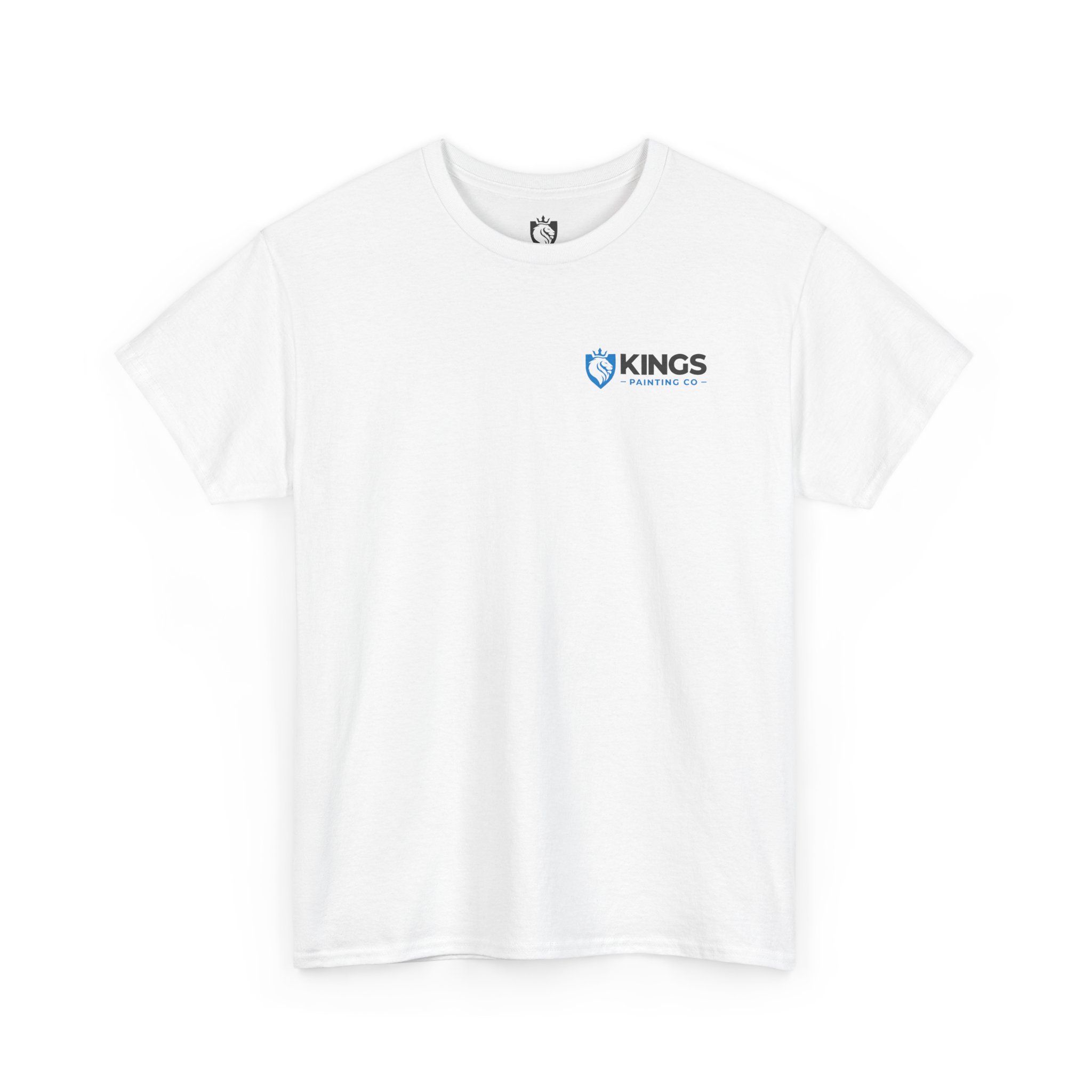 Kings Painting Co. Logo T‑Shirt (Pocket Logo & Back Graphic) in white, featuring a small blue and black KINGS PAINTERS CO. logo and shield graphic on the left chest. Displayed laid flat on a white background.