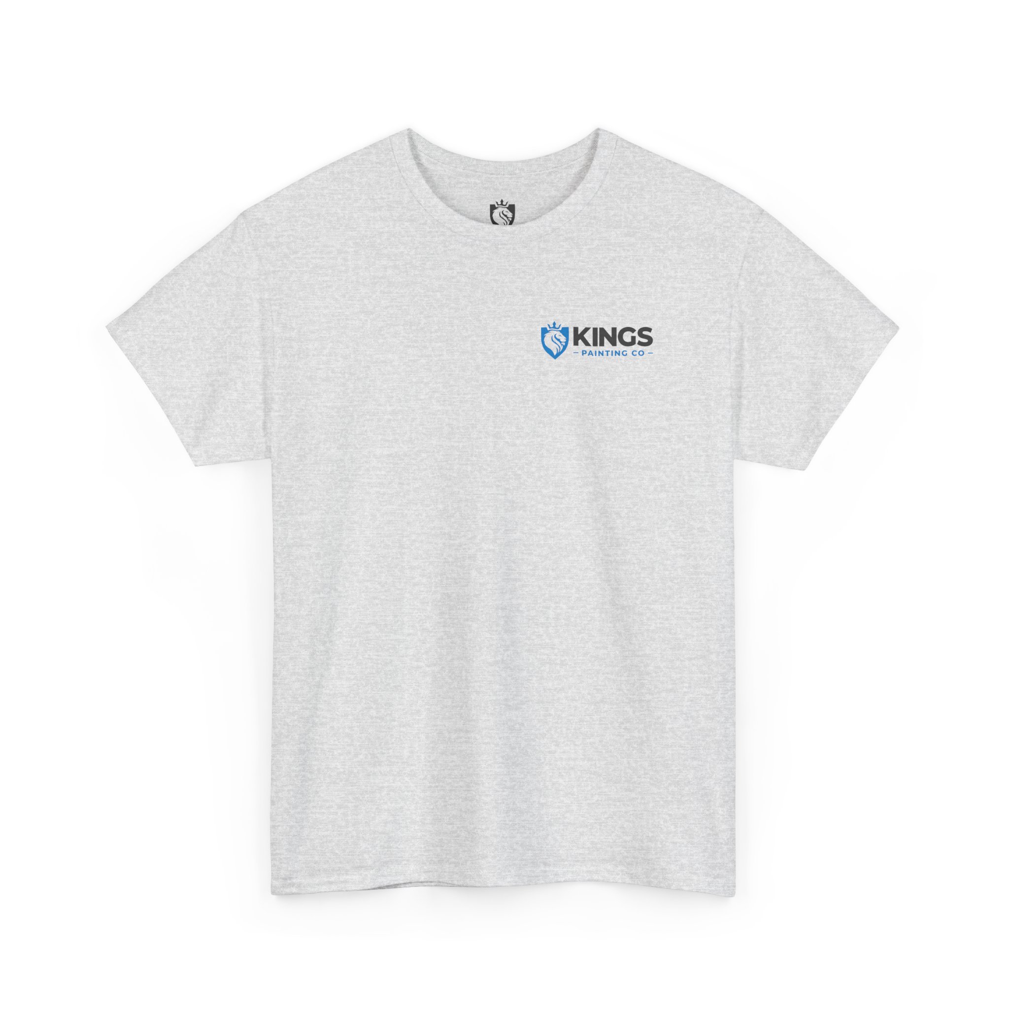 Kings Painting Co. Logo T‑Shirt (Pocket Logo & Back Graphic) | Gildan Ultra Cotton (G5000) in light gray, featuring “KINGS PAINTER CO.” and a blue shield logo printed on the upper left chest; shirt is displayed laid flat on a white background.