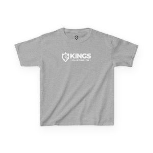 Kings Painting Co. Kids T-Shirt (White Graphics) | Gildan®—gray kids’ tee featuring a white KINGS PAINTING CO logo with paintbrush and crown graphic on the chest, plus a small matching logo near the collar.