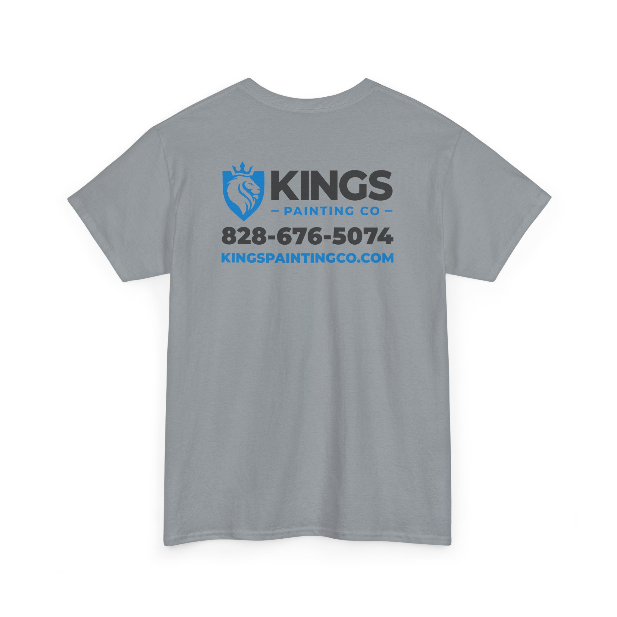 Kings Painting Co. Logo T‑Shirt (Pocket Logo & Back Graphic) | Gildan Ultra Cotton (G5000): Features a gray design with KINGS PAINTING CO, a lion logo, phone number 828-676-5074, and website kingpaintingco.com printed on the back in blue and black text.