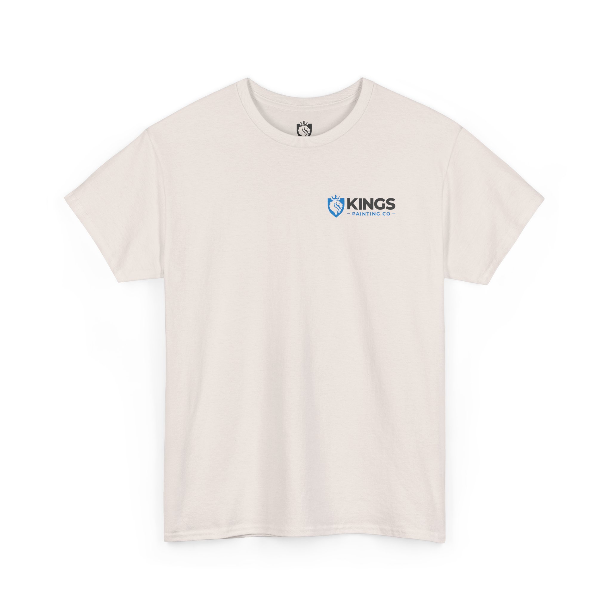 Kings Painting Co. Logo T‑Shirt (Pocket Logo & Back Graphic) | Gildan Ultra Cotton (G5000) shown flat on a white background, featuring a small blue shield logo and the text "KINGS PAINTING CO." in blue and black on the left chest.
