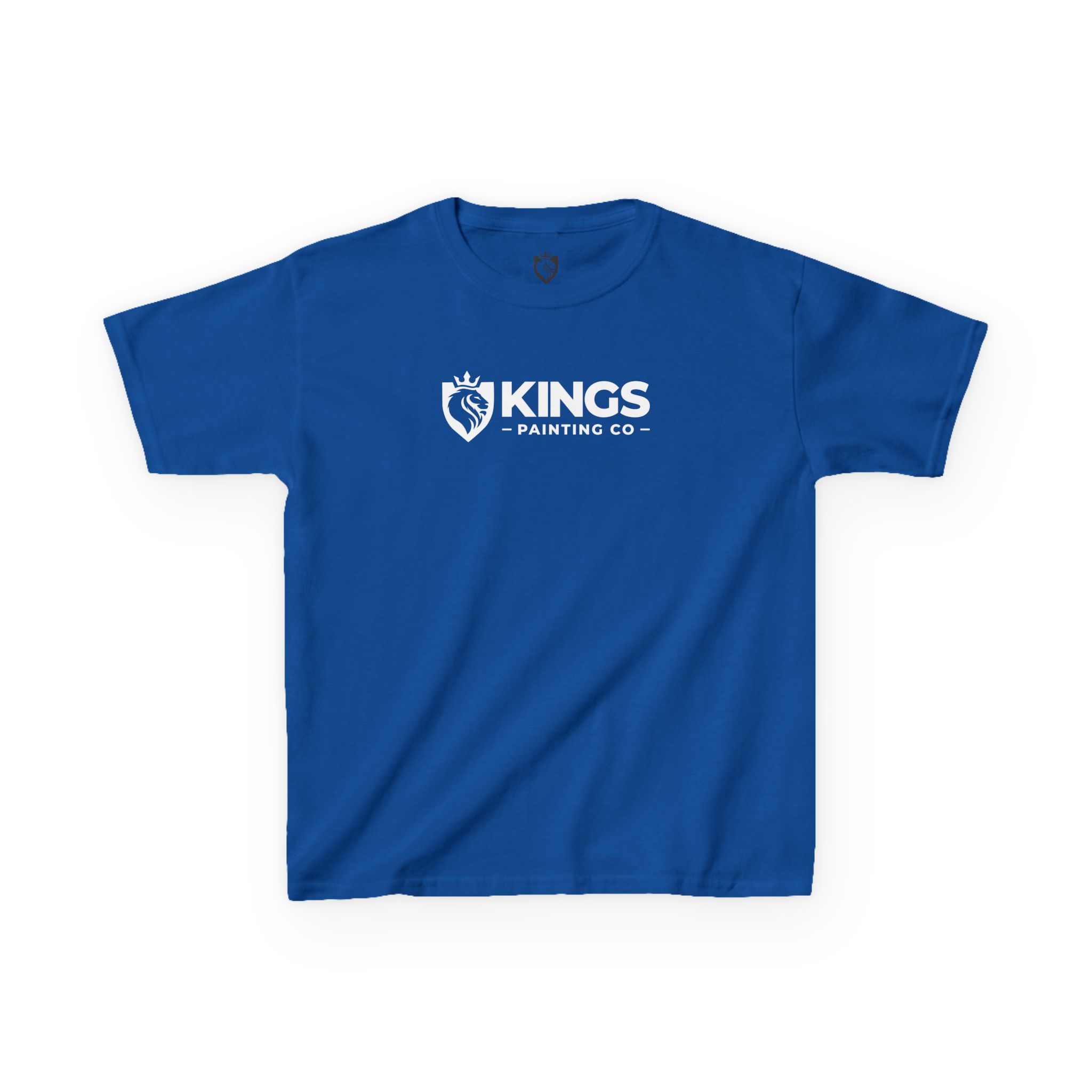 The Kings Painting Co. Kids T-Shirt (White Graphics) | Gildan® is a royal blue tee featuring a white logo with a crown, paintbrush, and the centered text "KINGS PAINTING CO" on the chest.