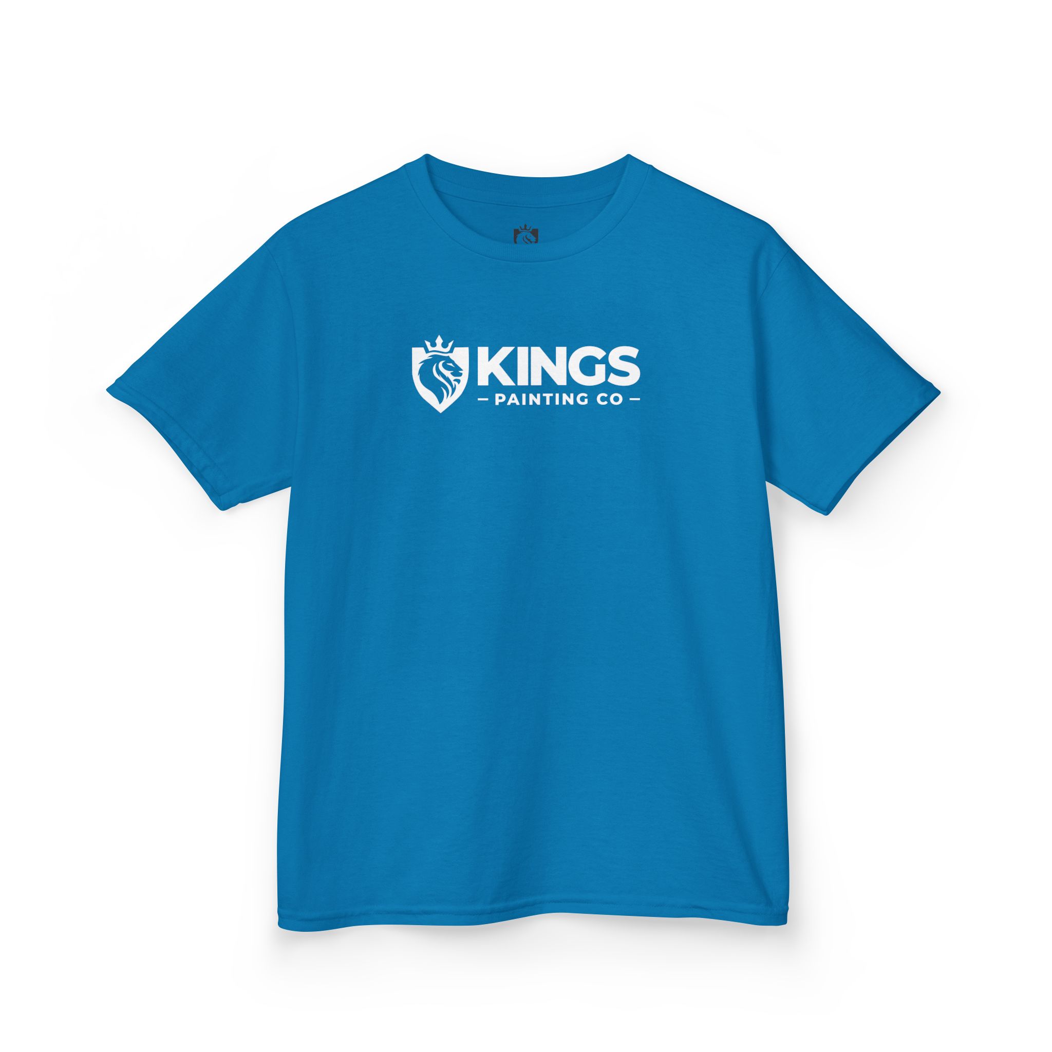Kings Painting Co. Kids T-Shirt (White Graphics) by Gildan®, featuring a blue color with a white KINGS PAINTING CO logo and a crowned lion emblem printed on the front center.