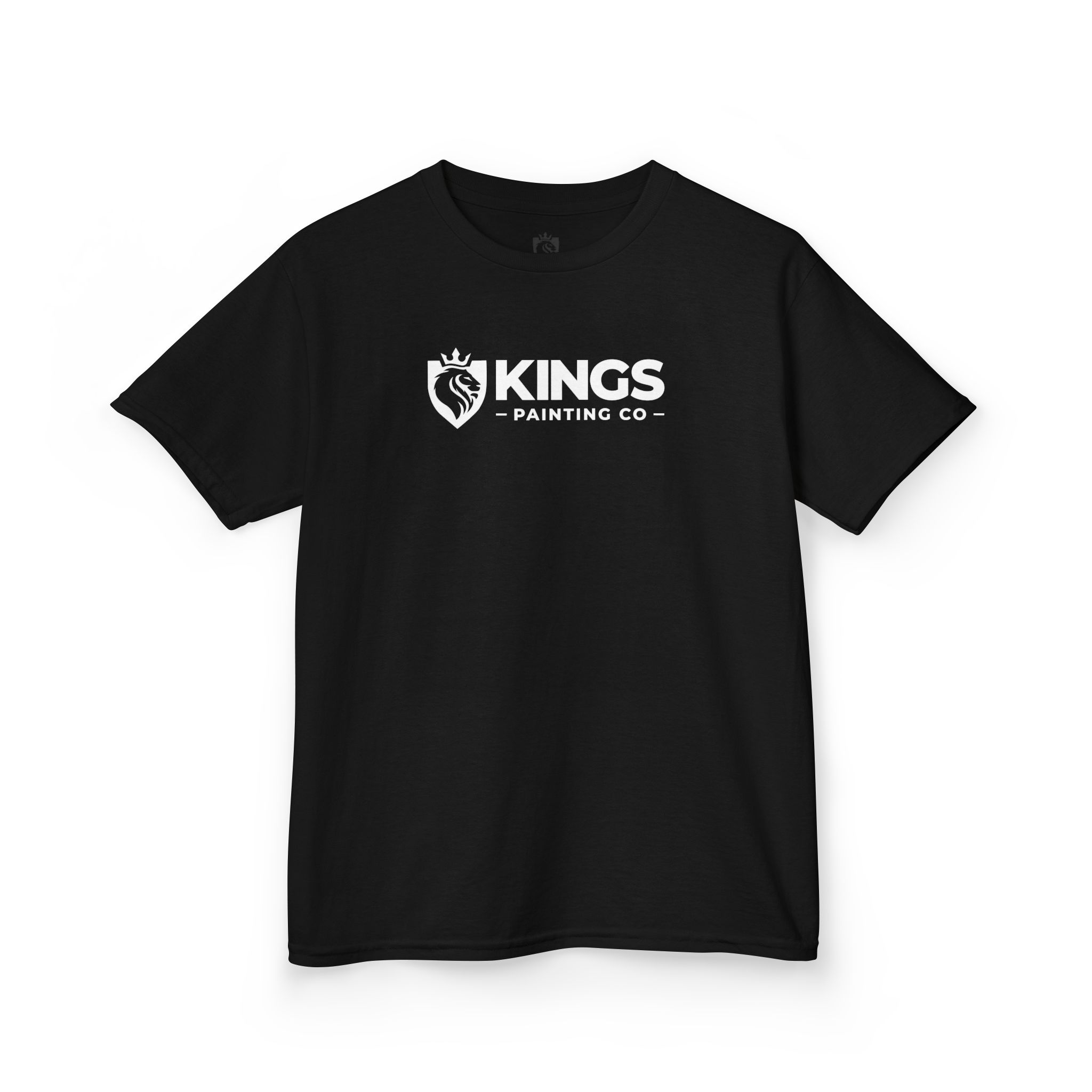 Kings Painting Co. Kids T-Shirt (White Graphics) by Gildan® featuring the KINGS PAINTING CO name and a white lion crest logo on the chest, displayed flat against a white background.
