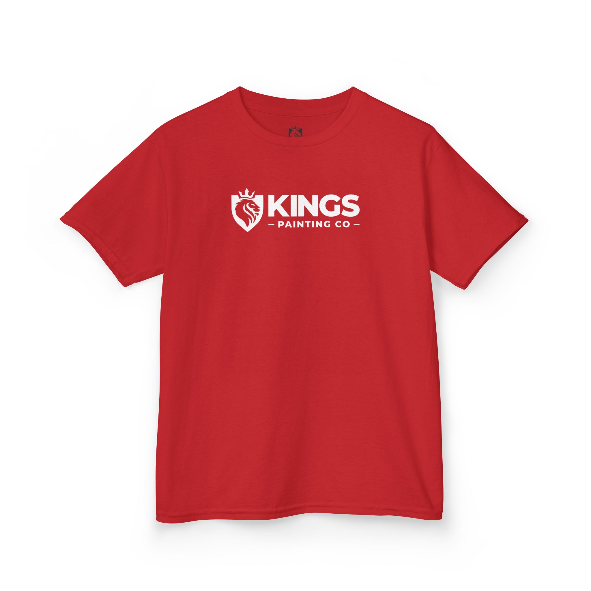 A red Kings Painting Co. Kids T-Shirt (Gildan®) featuring a white crowned lion’s head logo and the text "KINGS PAINTING CO" printed on the front.