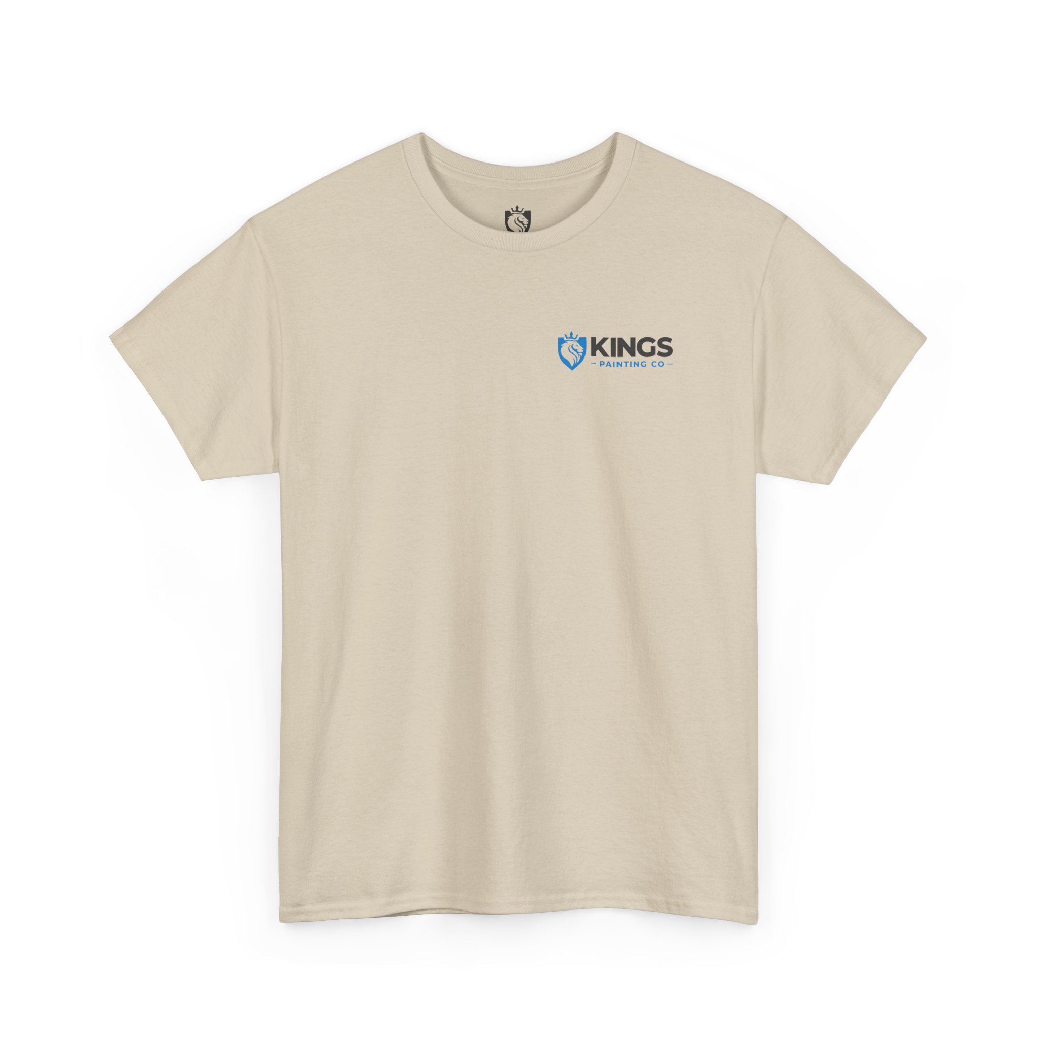 Kings Painting Co. Logo T‑Shirt (Pocket Logo & Back Graphic) | Gildan Ultra Cotton (G5000) in beige, featuring a short-sleeve design with a blue lion logo and the text "KINGS PAINTING CO." on the left chest. The shirt is displayed laid flat on a white background.