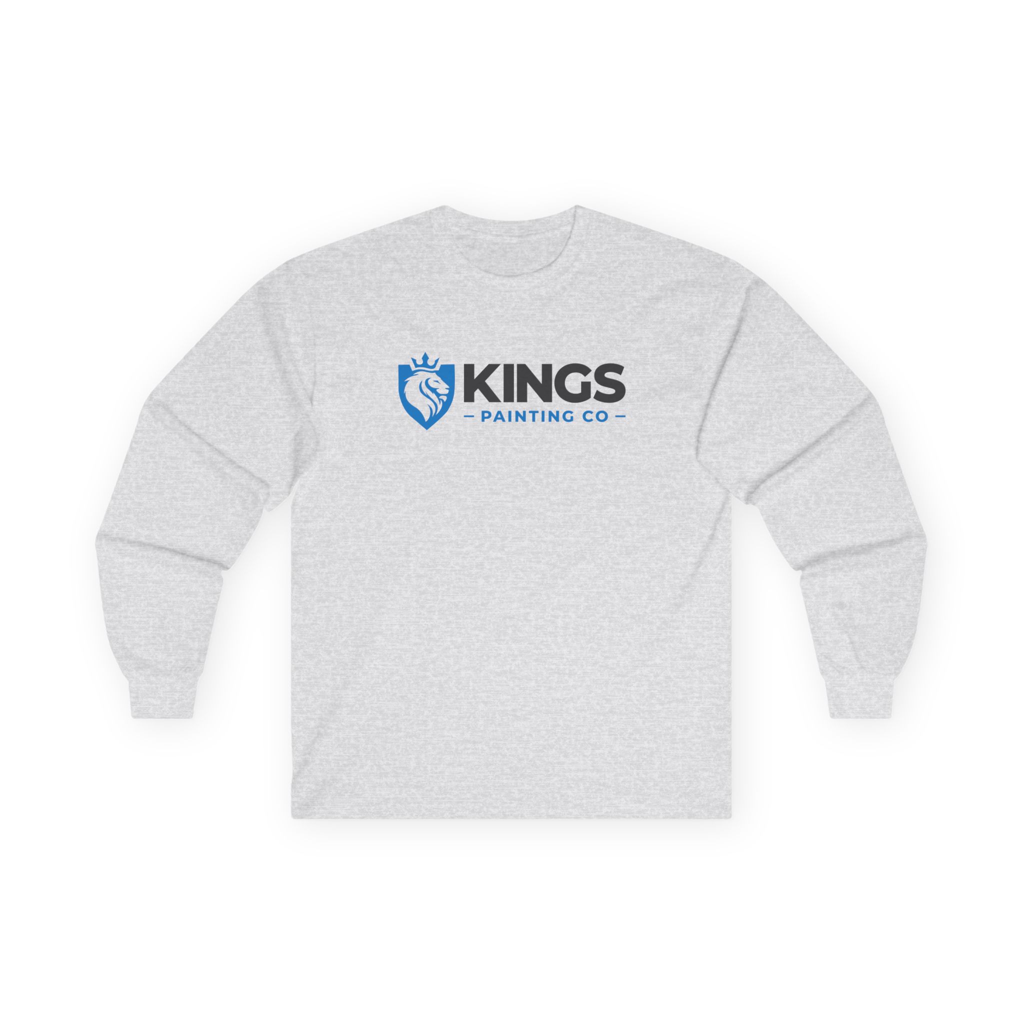 Kings Painting Co. Long Sleeve Tee (Gildan 2400) in gray, featuring "KINGS PAINTING CO" and a blue lion logo printed on the chest.