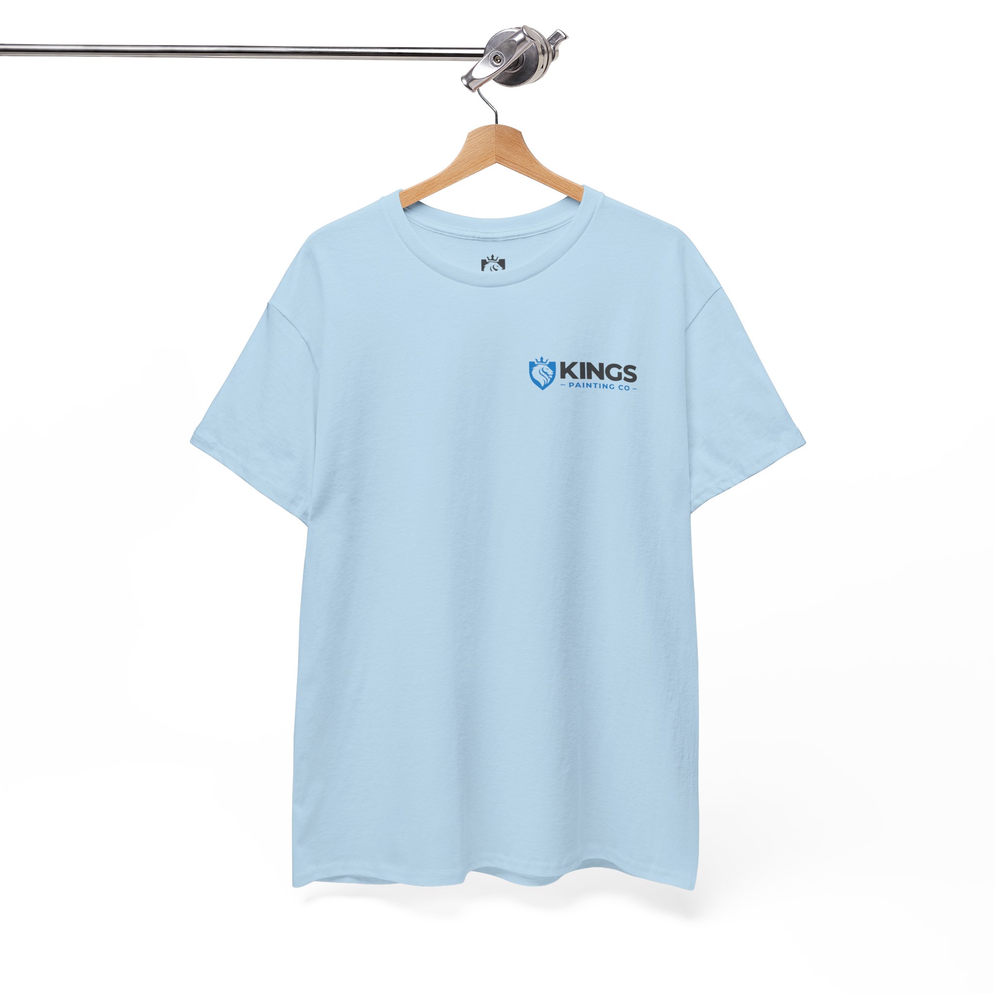 Kings Painting Co. Logo T‑Shirt (Pocket Logo & Back Graphic) in light blue, displayed on a hanger, with the Kings Painting Co. logo—including a shield and pipe wrench icon—printed in blue on the left chest. Shown against a white background.