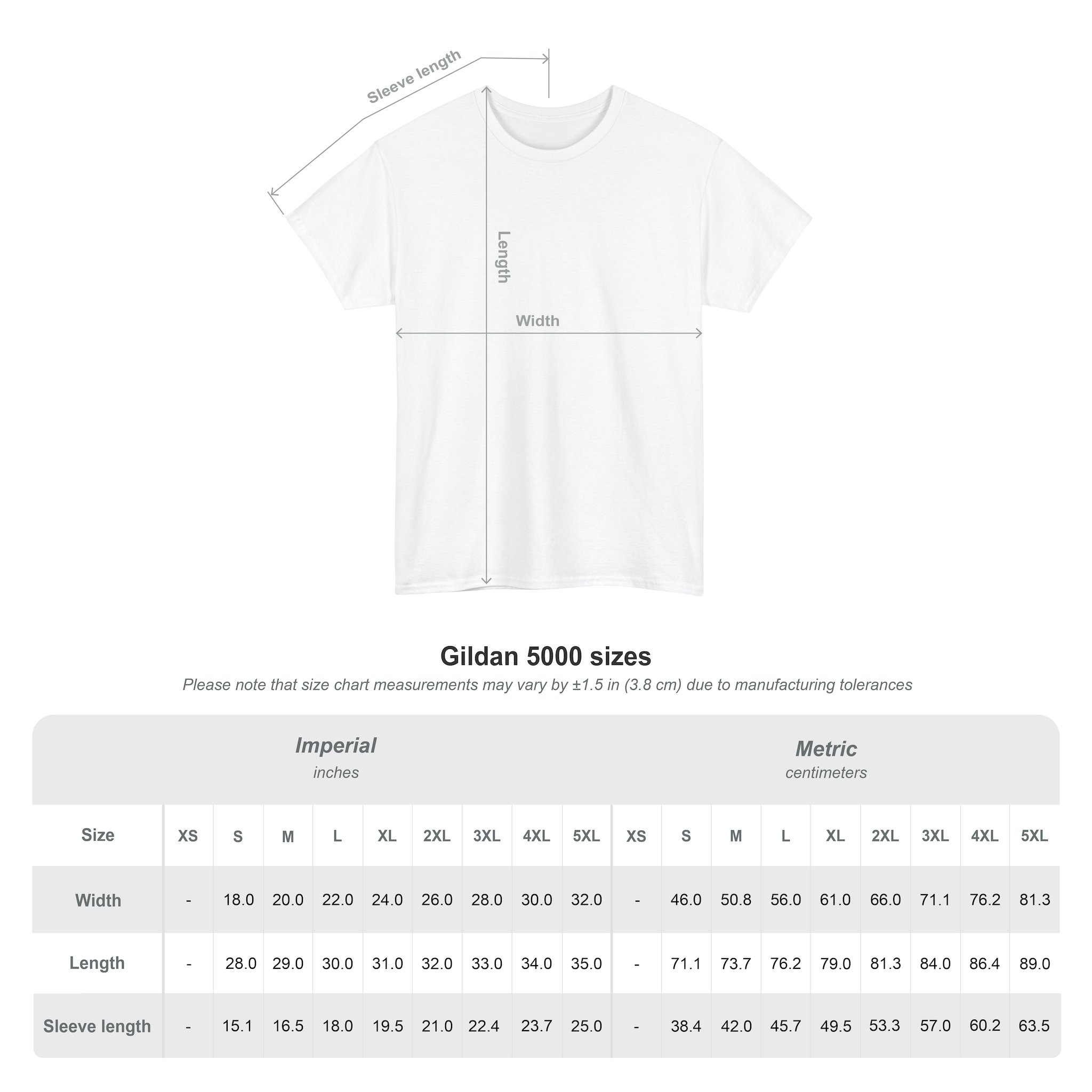 Diagram of the Kings Painting Co. Logo T‑Shirt | Gildan Ultra Cotton (G2000) in white, showing labeled dimensions for length, width, and sleeve length; below is a size chart displaying these measurements in both inches and centimeters for sizes XS through 5XL.