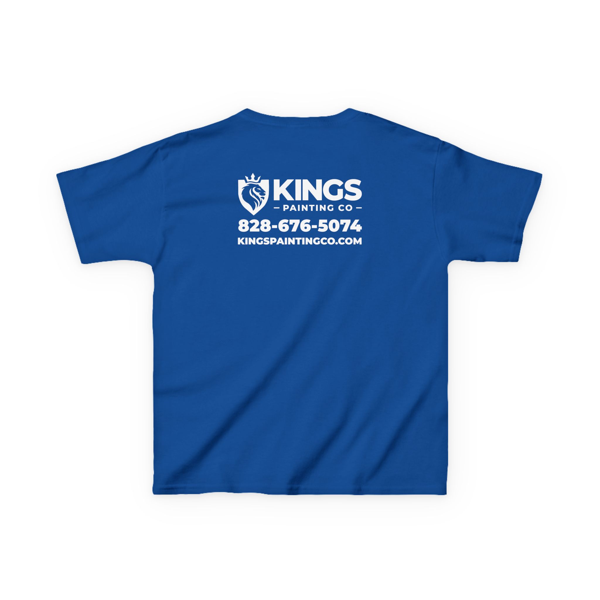Kings Painting Co. Kids T-Shirt (White Graphics) by Gildan®: Blue t-shirt featuring the KINGS PAINTING CO logo, phone number, and website printed in white on the back.