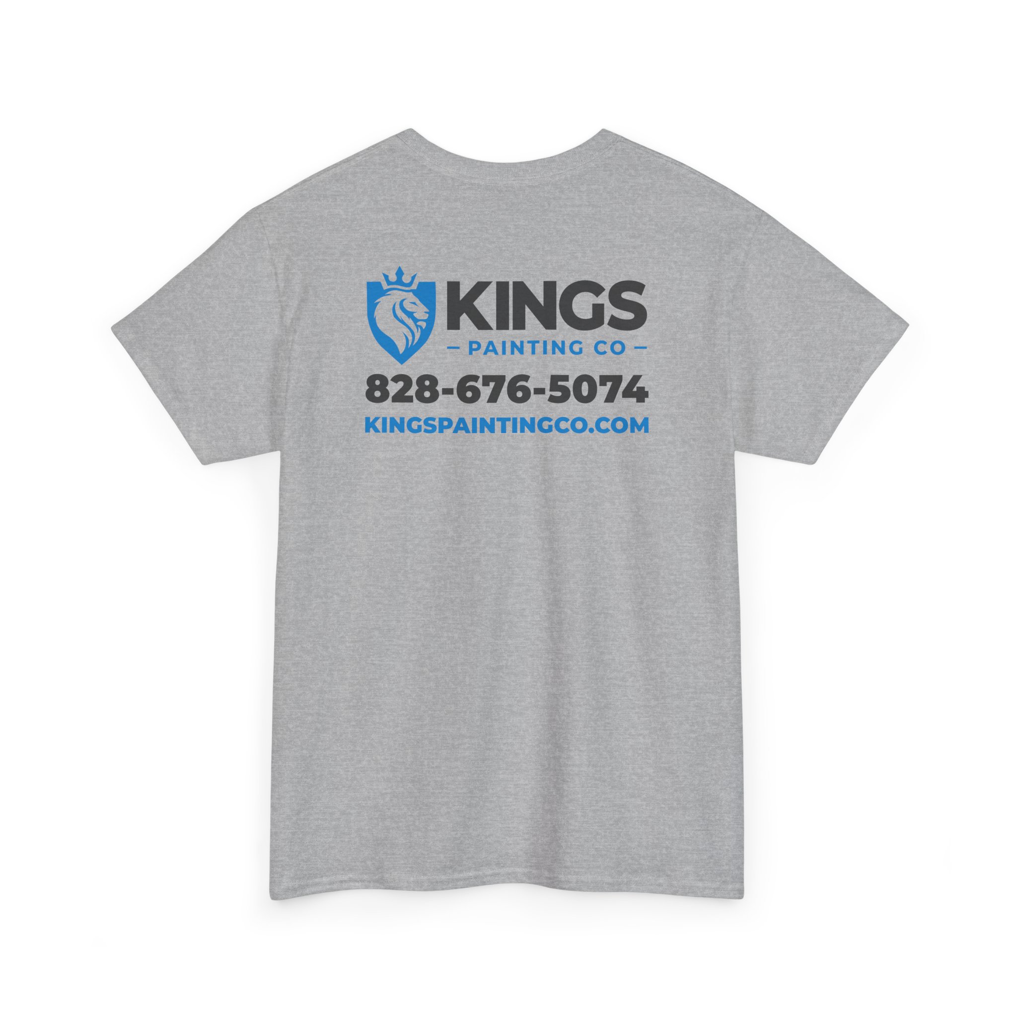 Kings Painting Co. Logo T‑Shirt (Pocket Logo & Back Graphic) | Gildan Ultra Cotton (G5000): A gray t-shirt featuring the KINGS PAINTING CO logo with a blue lion shield, phone number 828-676-5074, and website kingpaintingco.com printed on the back in blue and black text.
