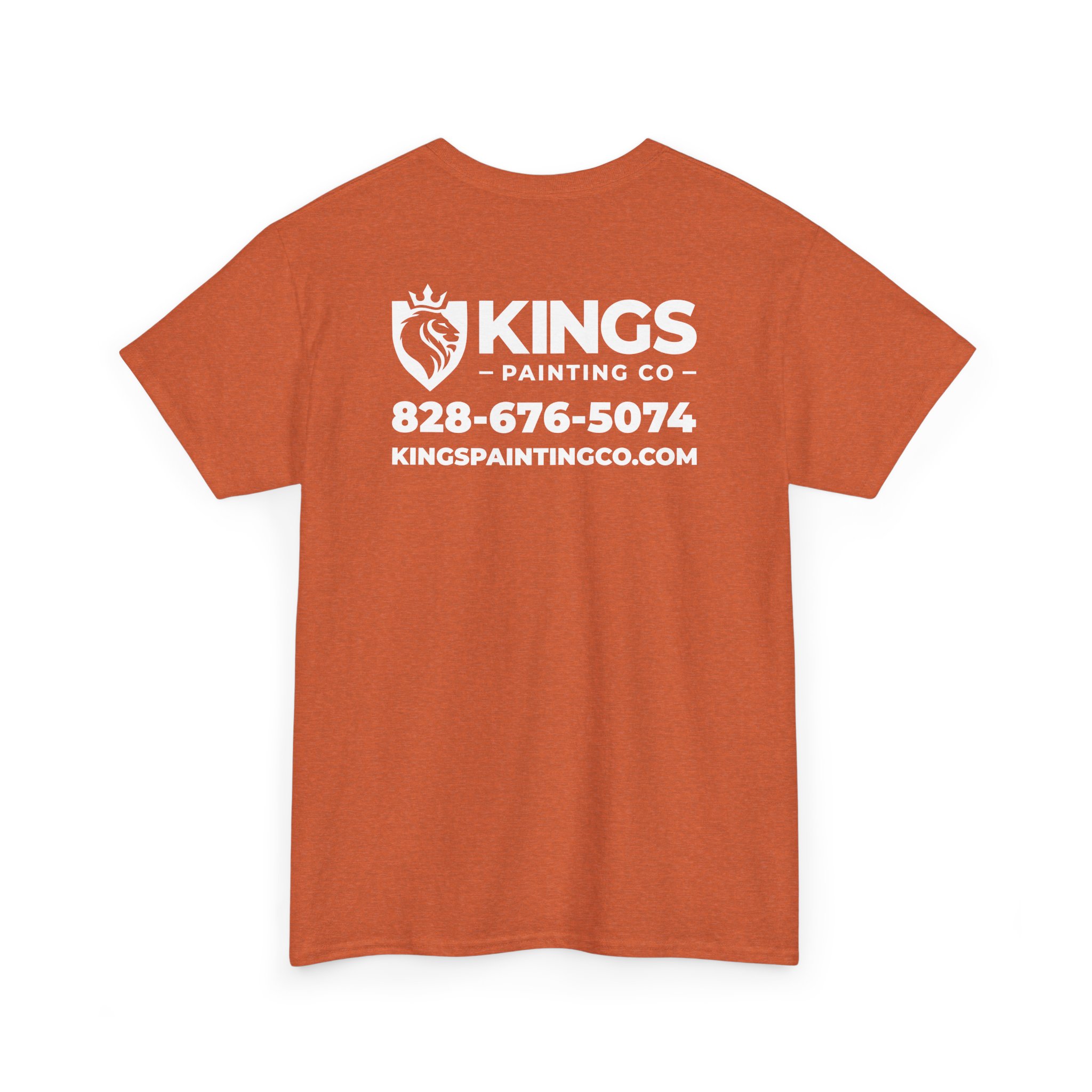 A Kings Painting Co. Logo T‑Shirt (Heather) | Gildan Ultra Cotton (G5000) featuring an orange color with the Kings Painting Co. logo, phone number 828-676-5074, and website kingspaintingco.com printed in white text on the back.
