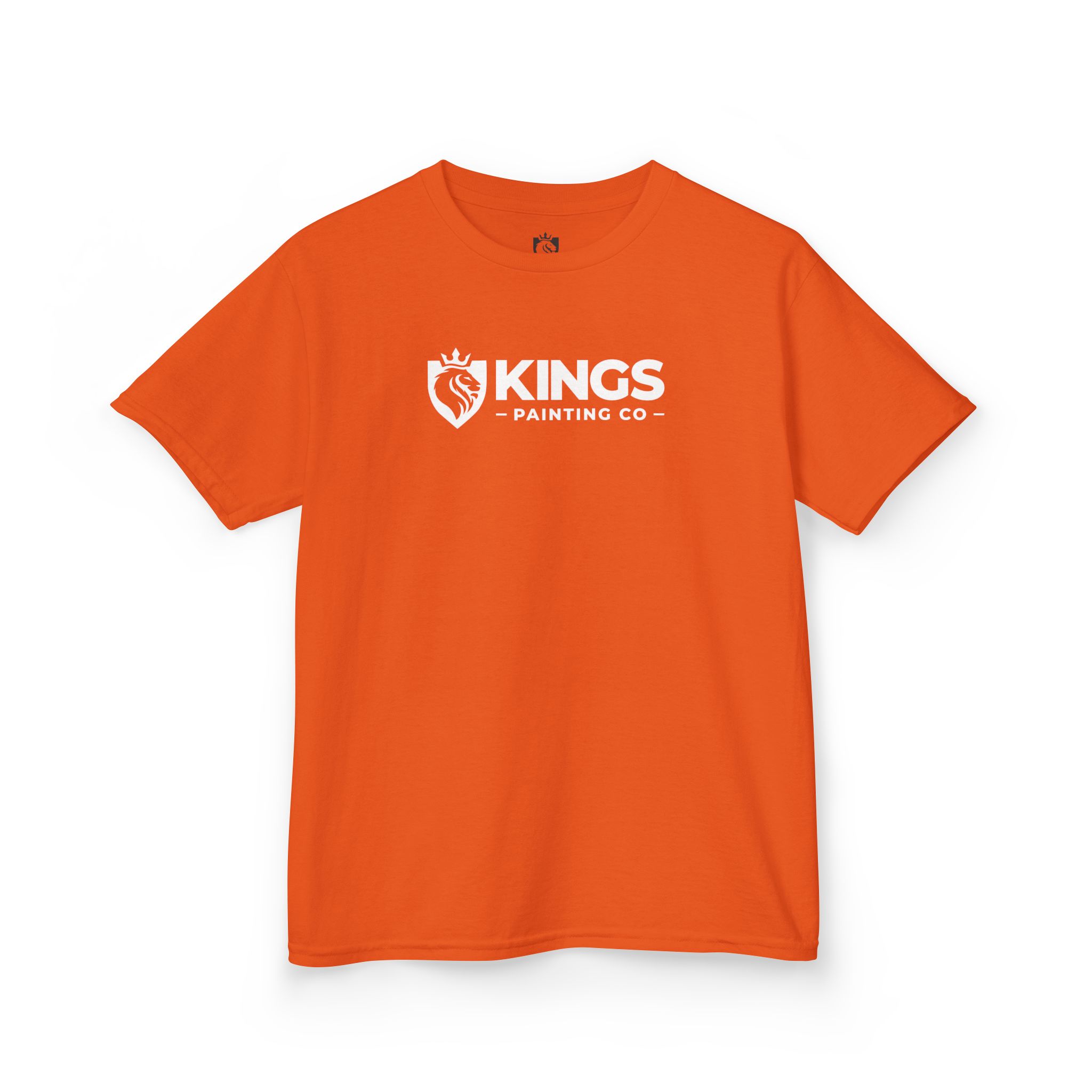 A Kings Painting Co. Kids T-Shirt (White Graphics) by Gildan®, featuring an orange color with a white KINGS Painting Co logo and lion crest printed on the front.