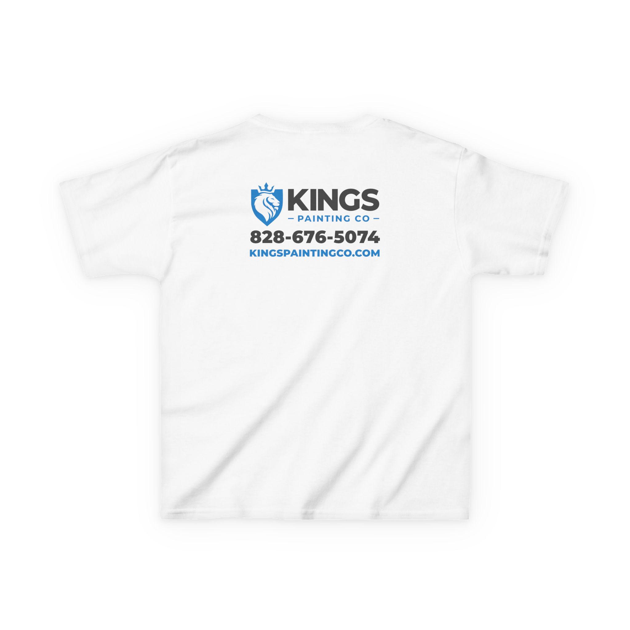 Kings Painting Co. Kids T-Shirt (Ultra Cotton Gildan) features the KINGS PAINTING CO logo, a blue paint icon, phone number 828-676-5074, and website KINGSPAINTINGCO.COM printed on the back in blue and black text.