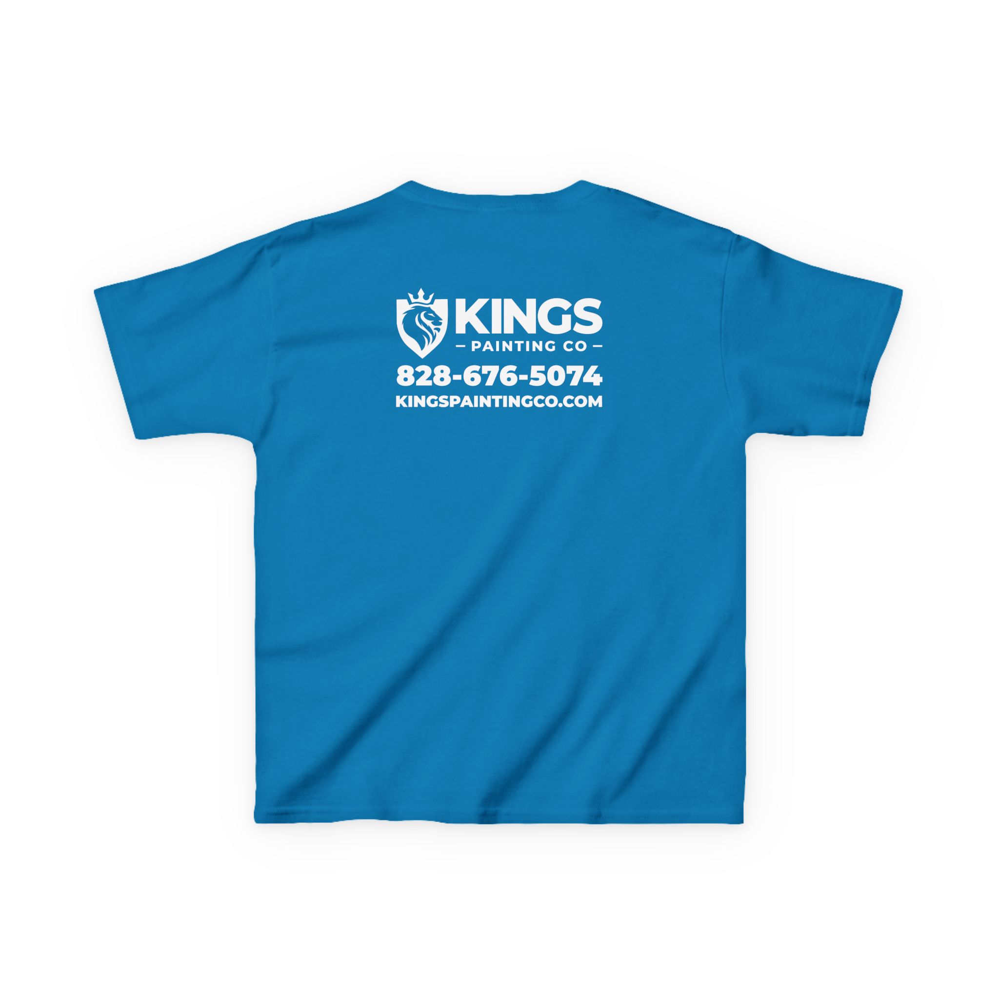 Kings Painting Co. Kids T-Shirt (White Graphics) | Gildan® in blue, featuring the KINGS PAINTING CO. logo, phone number 828-676-5074, and website kingspaintingco.com printed in white text on the back.