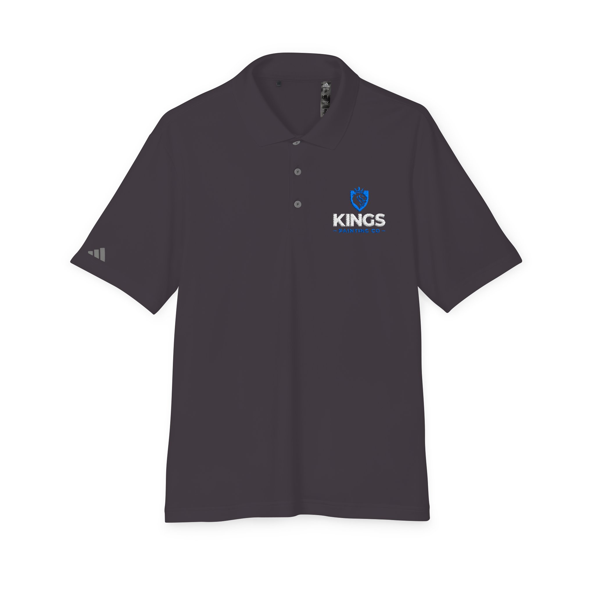 The Kings Painting Co. Performance Polo by Under Armour® features a dark gray color with a blue and white KINGS logo and shield on the left chest, a small emblem on the left sleeve, and is designed with a classic collar and three-button placket.