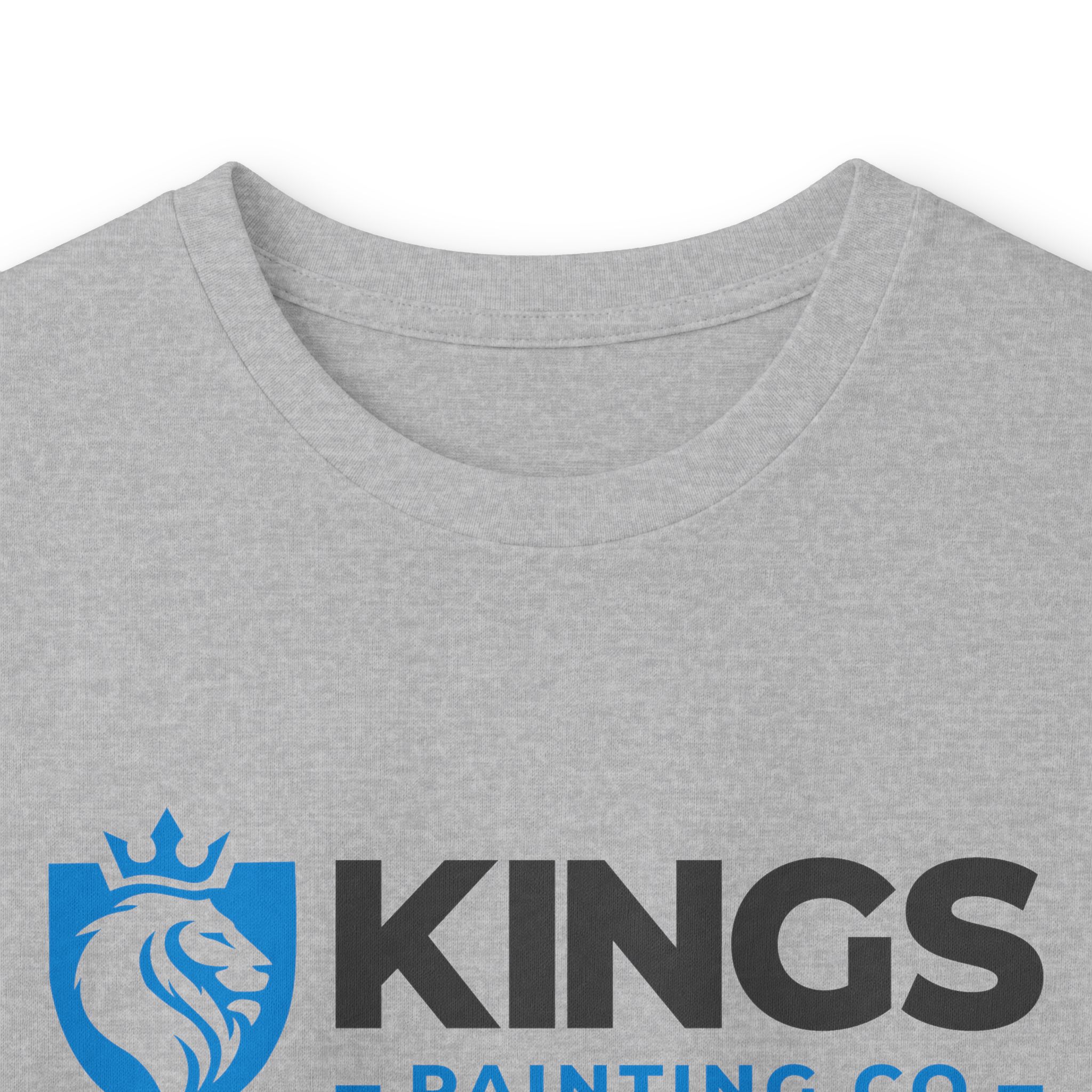 Close-up of a Kings Painting Co. Long Sleeve Tee (Gildan 2400) in gray, showing the collar area with a logo featuring a blue lion and crown next to bold black "KINGS" text, and partial "PAINTING CO." lettering below.