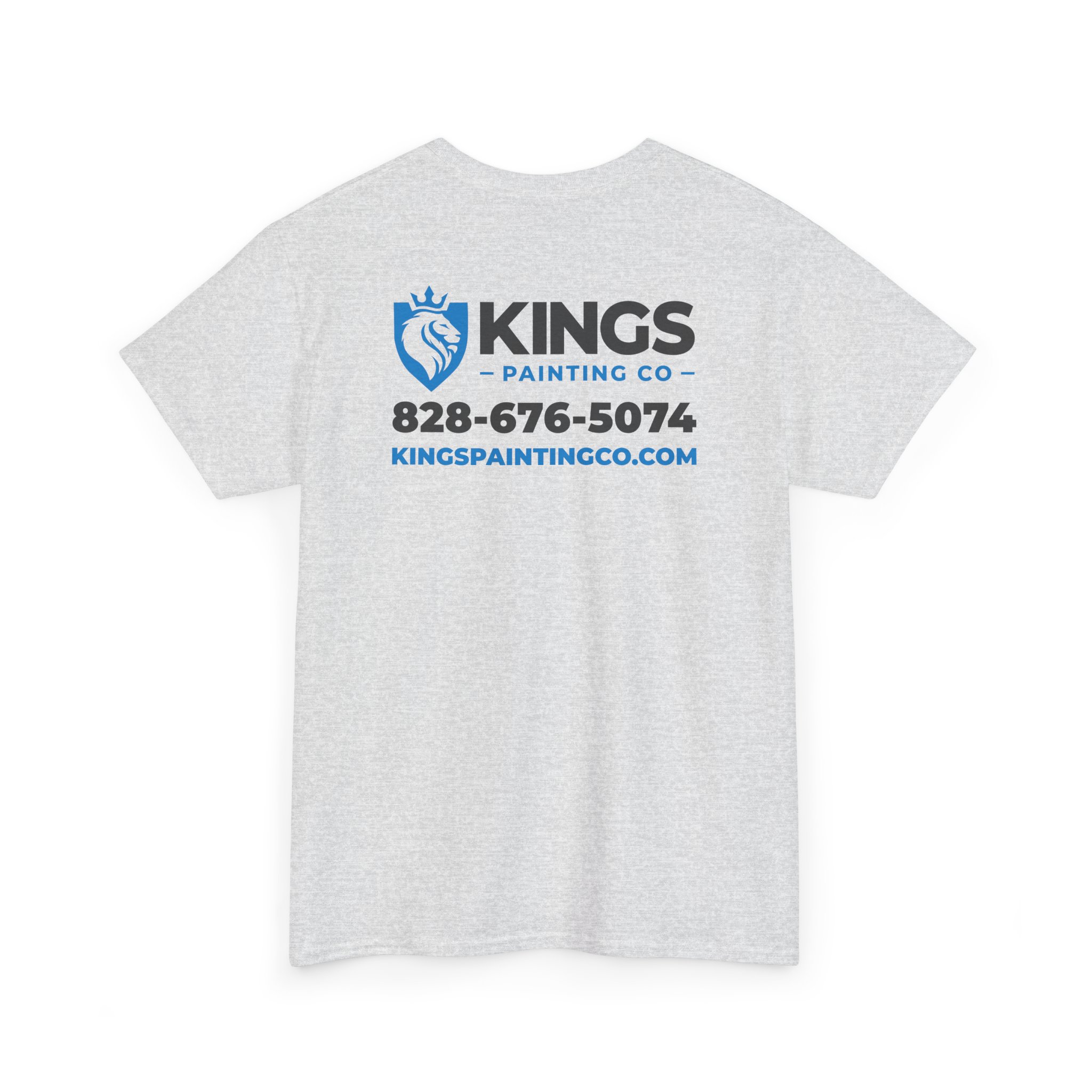 Kings Painting Co. Logo T‑Shirt (Pocket Logo & Back Graphic) | Gildan Ultra Cotton (G5000): Gray tee featuring the Kings Painting Co. logo with a blue lion face, plus phone number 828-676-5074 and website kingspaintingco.com printed on the back in blue and black text.