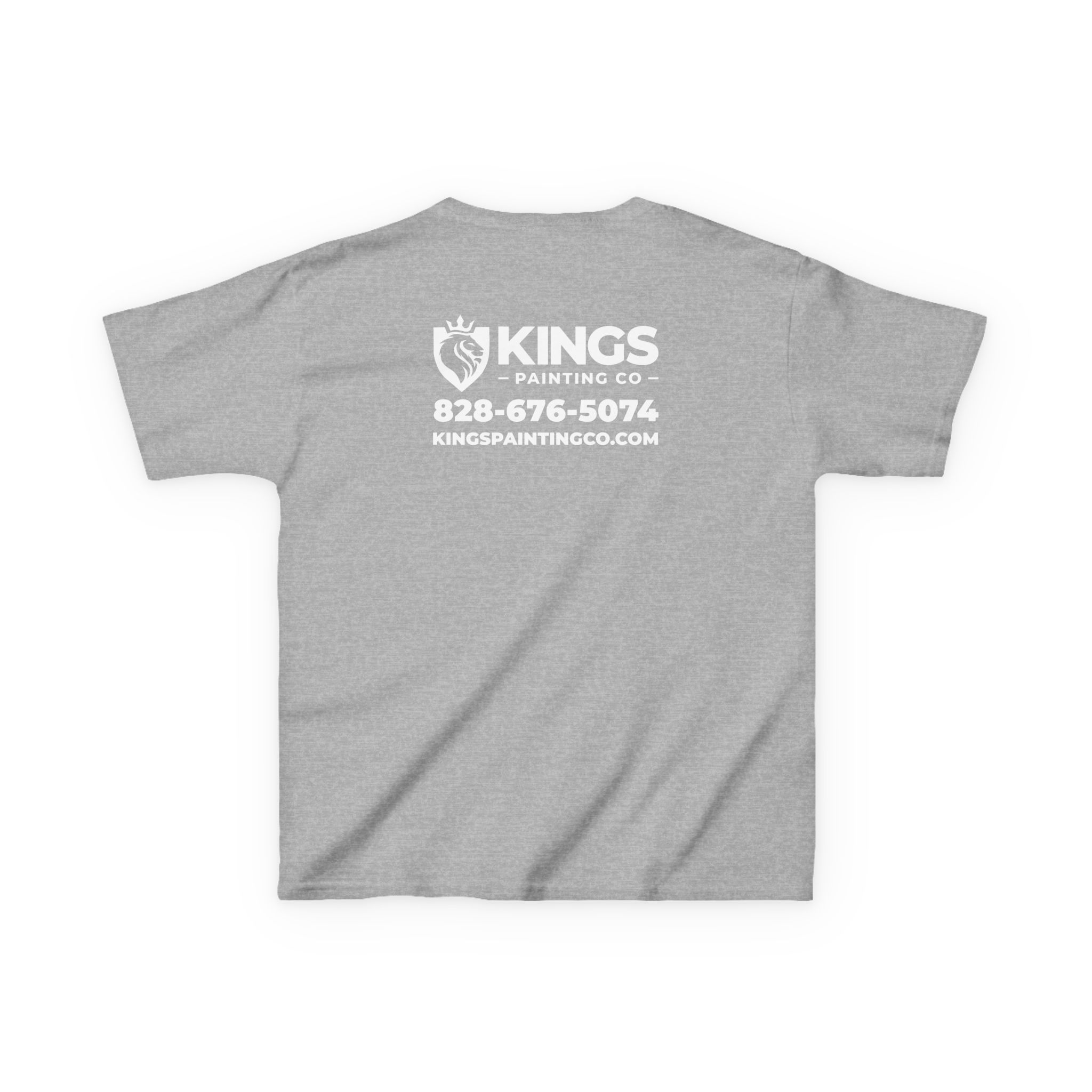 Kings Painting Co. Kids T-Shirt (White Graphics) | Gildan® features a gray design with "KINGS PAINTING CO," a crown logo, phone number 828-676-5074, and website kingspaintingco.com printed in white text on the upper back.