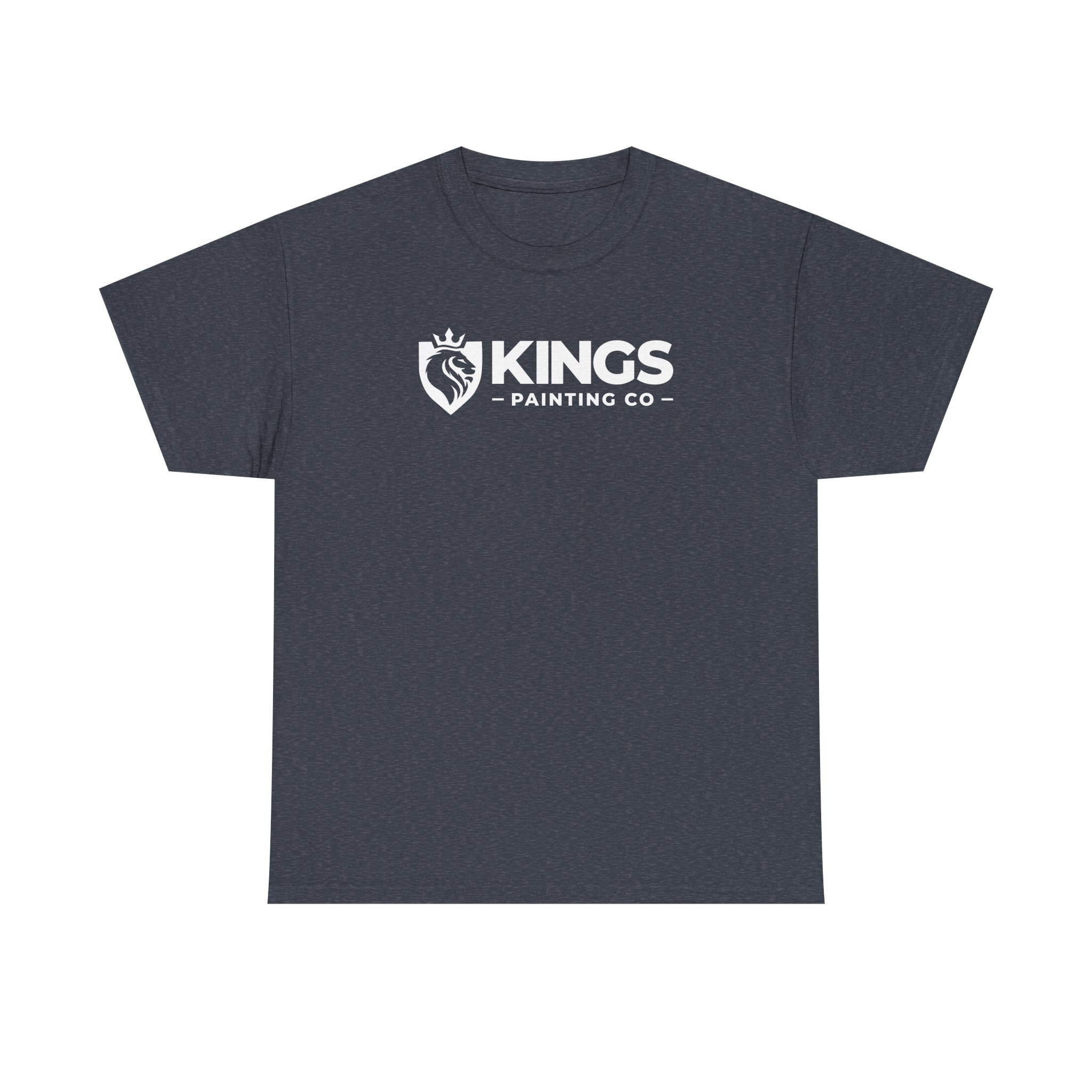 Kings Painting Co. Logo T‑Shirt (Heather) | Gildan Ultra Cotton (G5000) features a dark gray heather fabric with "KINGS PAINTING CO" in bold white lettering and a crowned lion head inside a shield logo centered above the text on the chest.