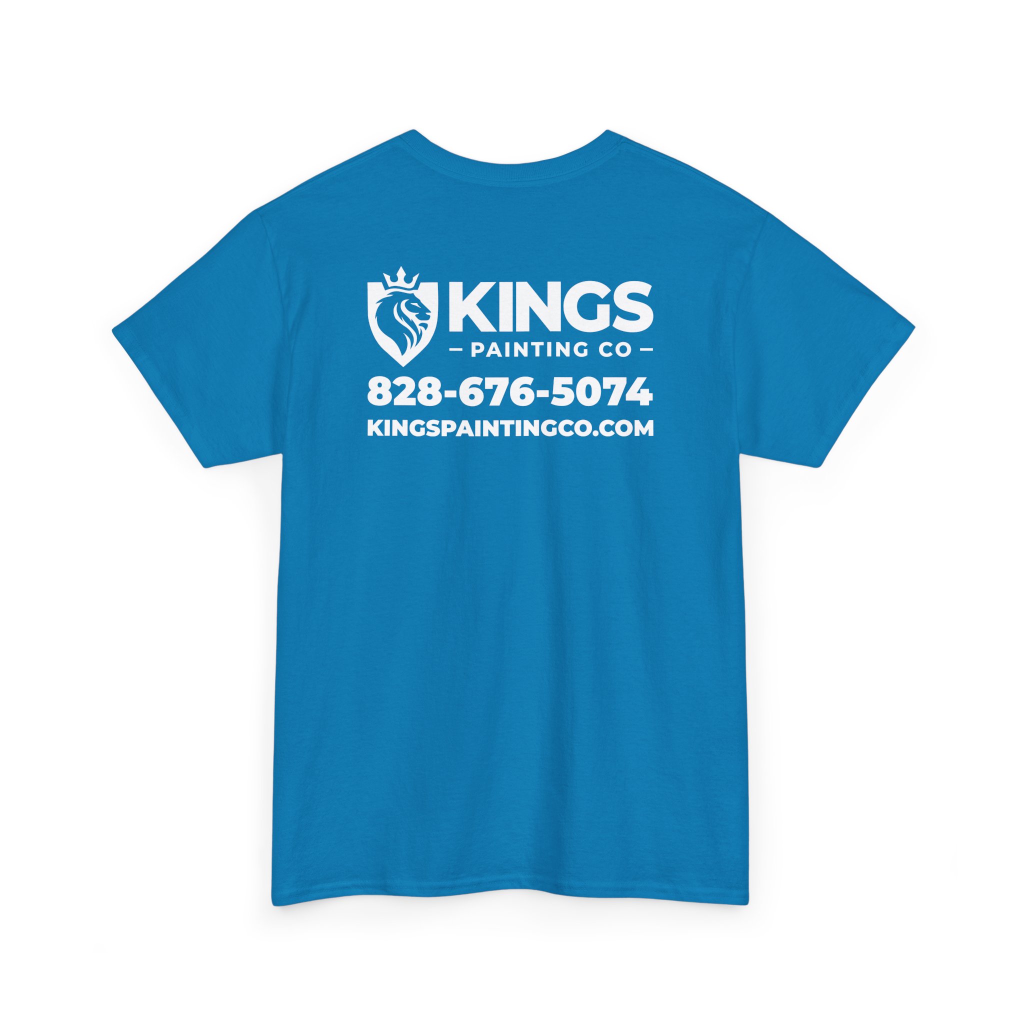 Kings Painting Co. Logo T‑Shirt (Classic) | Gildan Ultra Cotton (G5000): Blue shirt featuring white text on the back—KINGS PAINTING CO, a lion logo, phone number 828-676-5074, and website KINGSPAINTINGCO.COM.