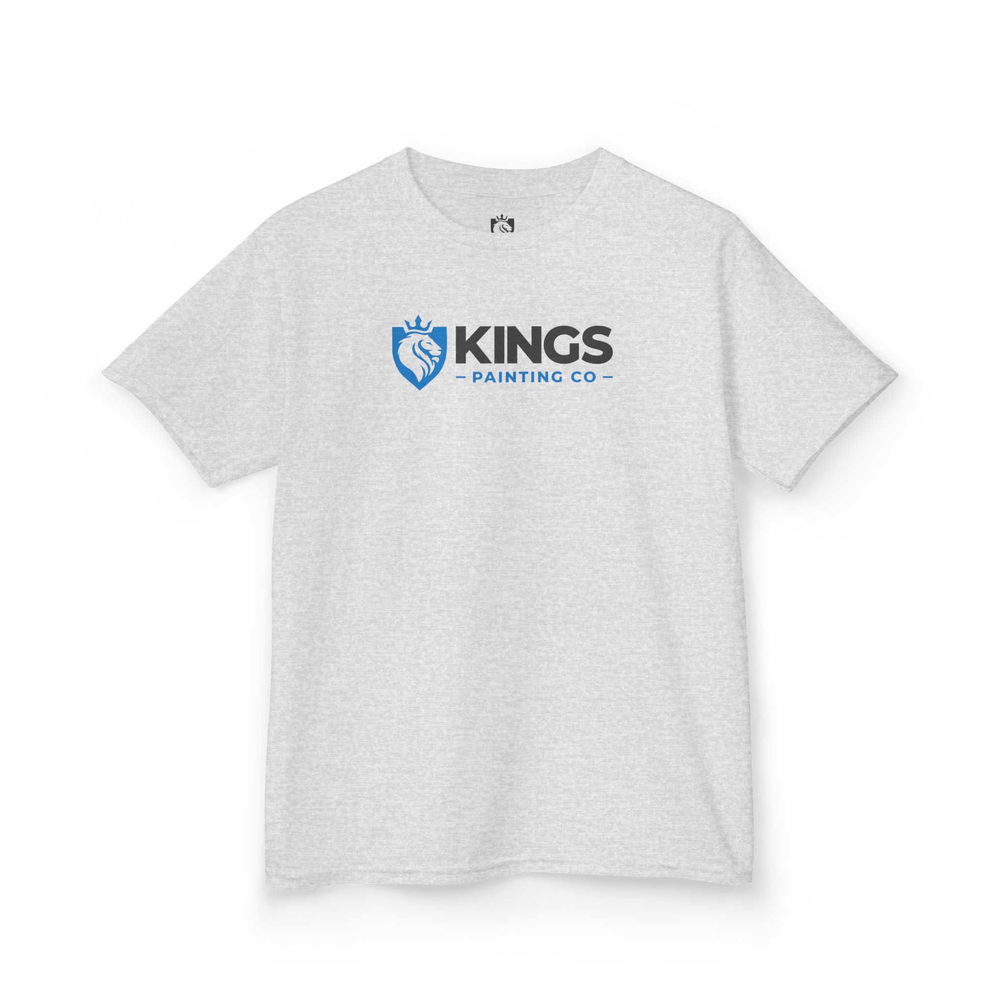 A Kings Painting Co. Kids T-Shirt (Ultra Cotton Gildan) in light gray, featuring a blue lion shield logo and "KINGS PAINTING CO" printed across the chest in black and blue.