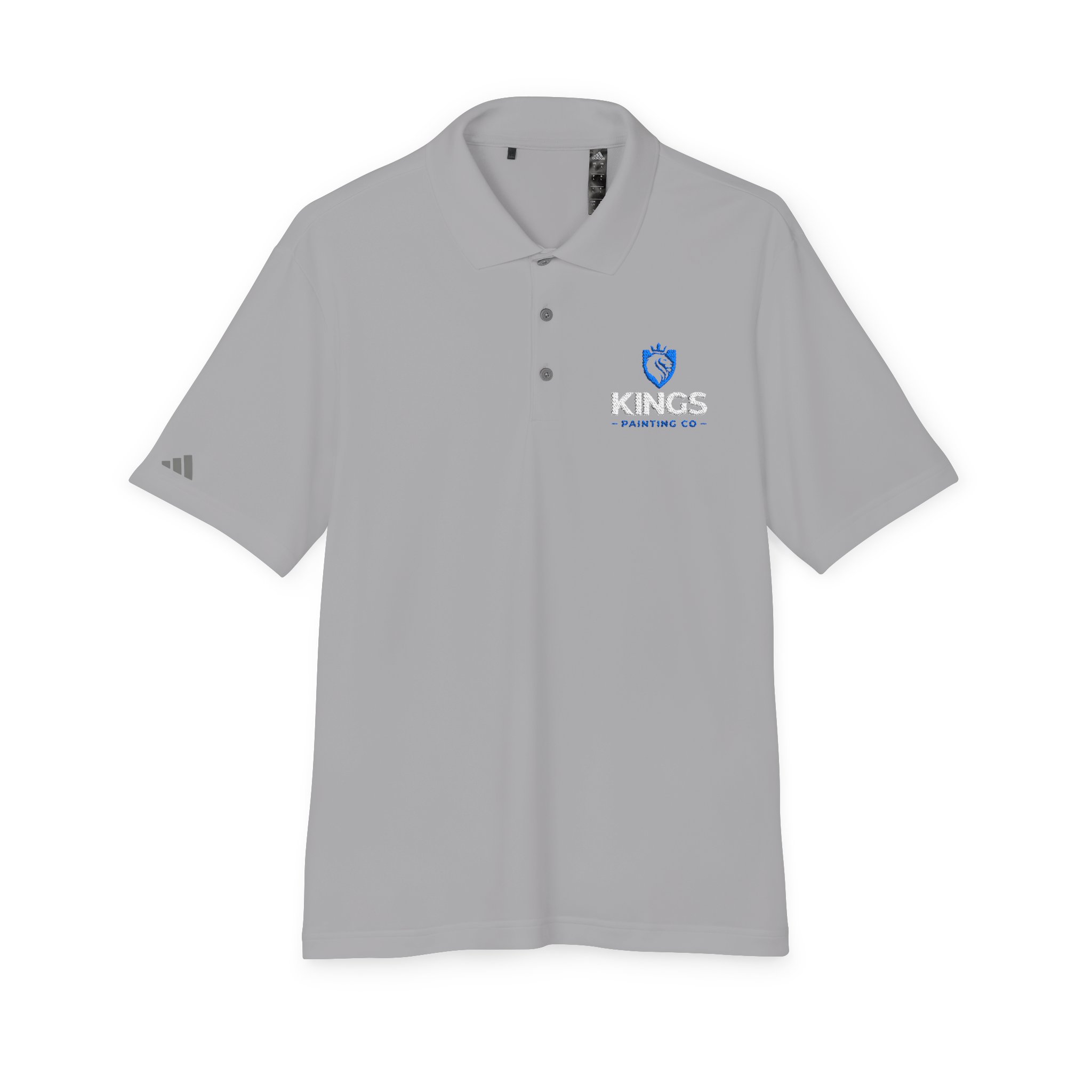 Kings Painting Co. Performance Polo by Under Armour® in light gray, featuring a blue KINGS PAINTING CO. logo on the left chest and a subtle gray emblem on the left sleeve; designed with a classic collar and three-button placket.